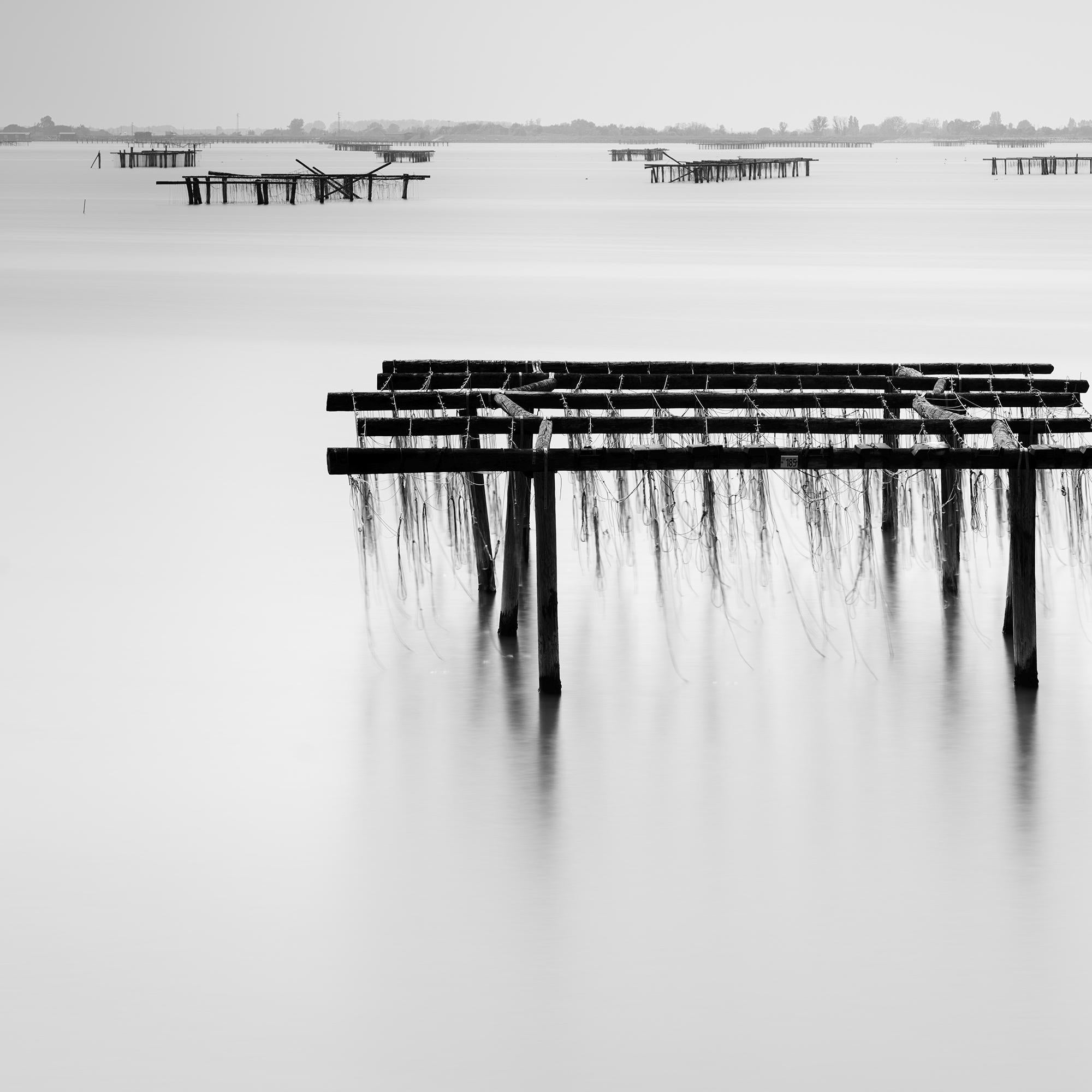 Aquaculture Structures, mono seascape, minimalist photograph, limited edition For Sale 5