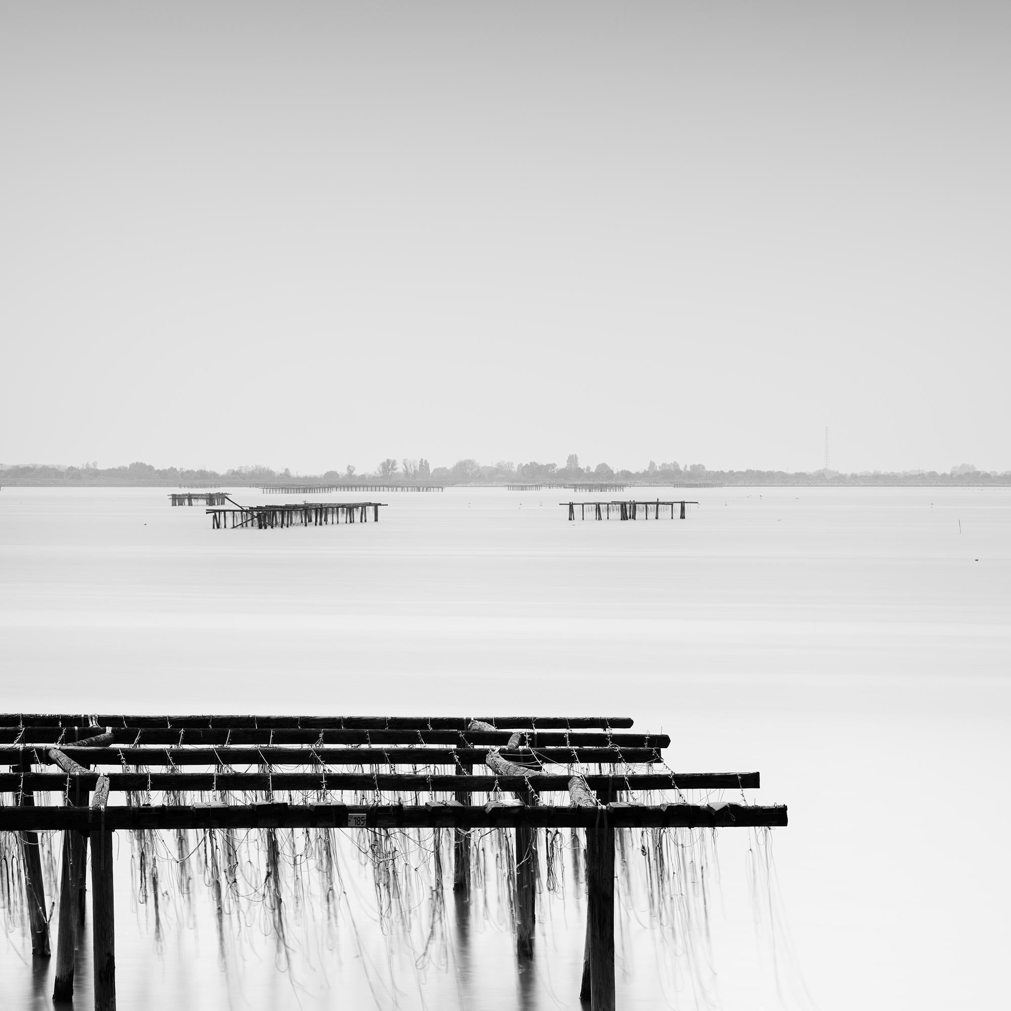 Aquaculture Structures, mono seascape, minimalist photograph, limited edition For Sale 6