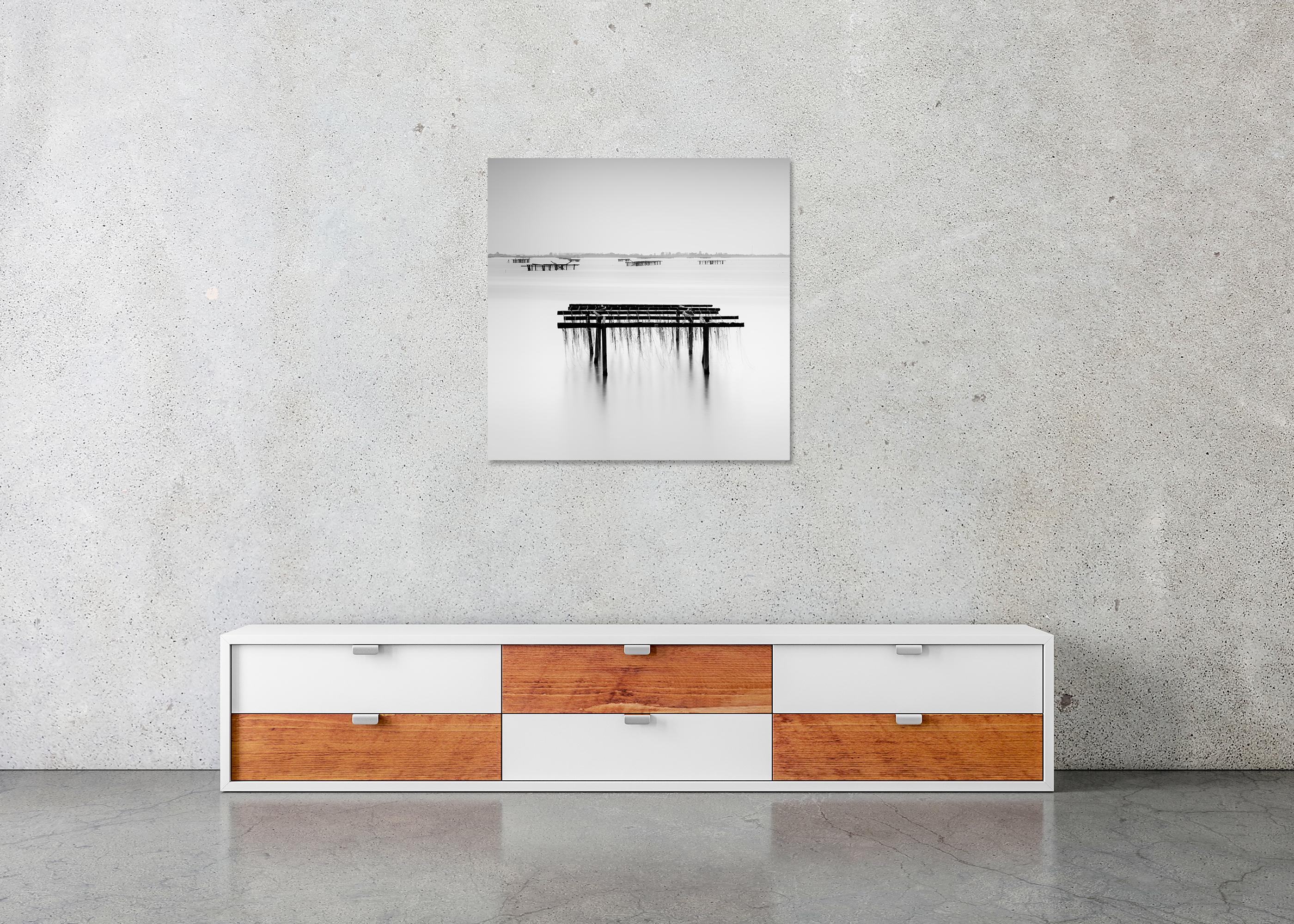 Aquaculture Structures, mono seascape, minimalist photograph, limited edition For Sale 4