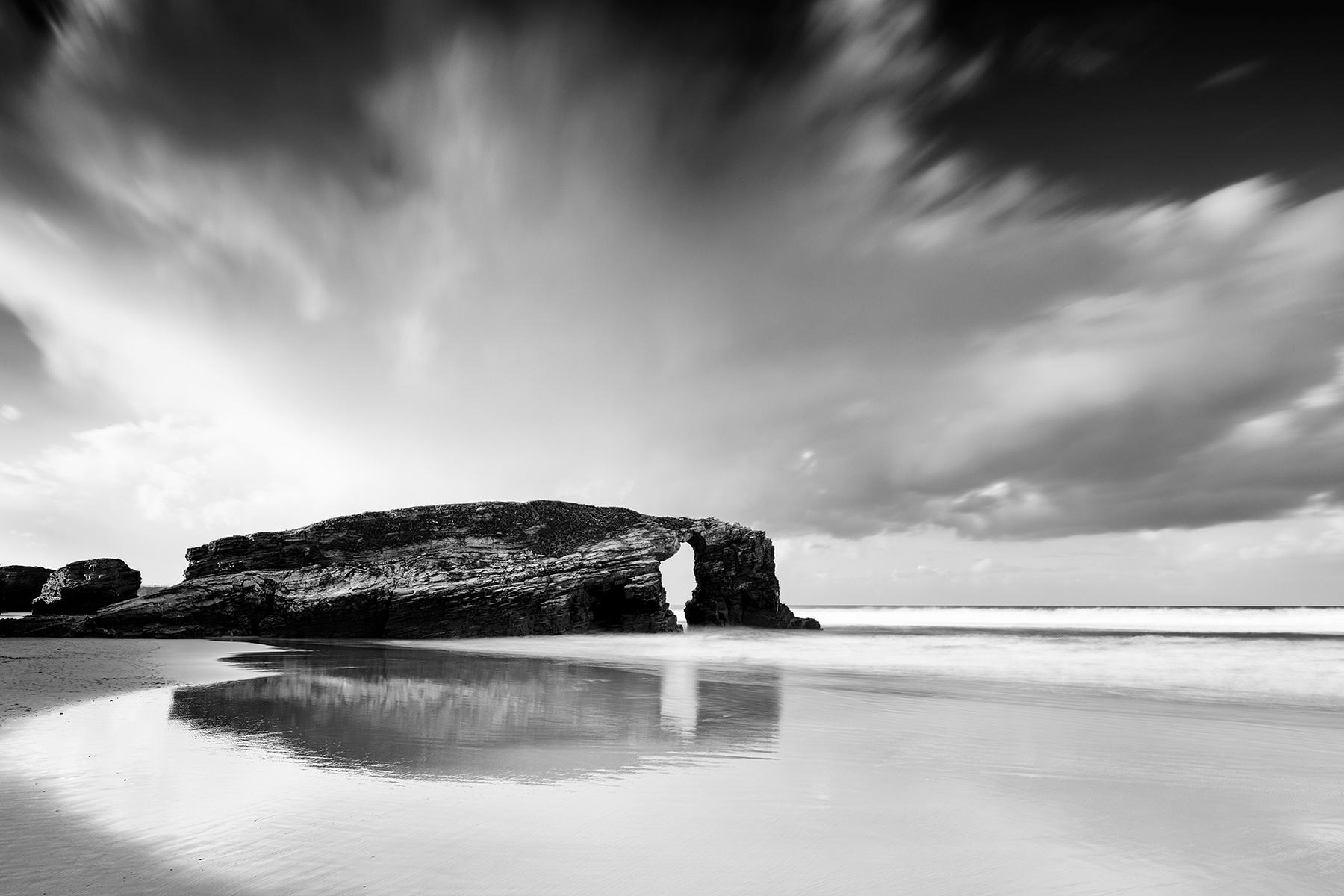 Gerald Berghammer Black and White Photograph - As Catedrais Beach, Panorama, Storm, Spain, black and white fine art photography