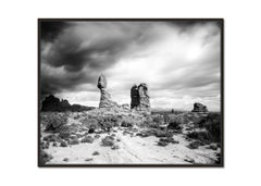 Balanced Rock, Arches National Park, USA, black and white photography, landscape