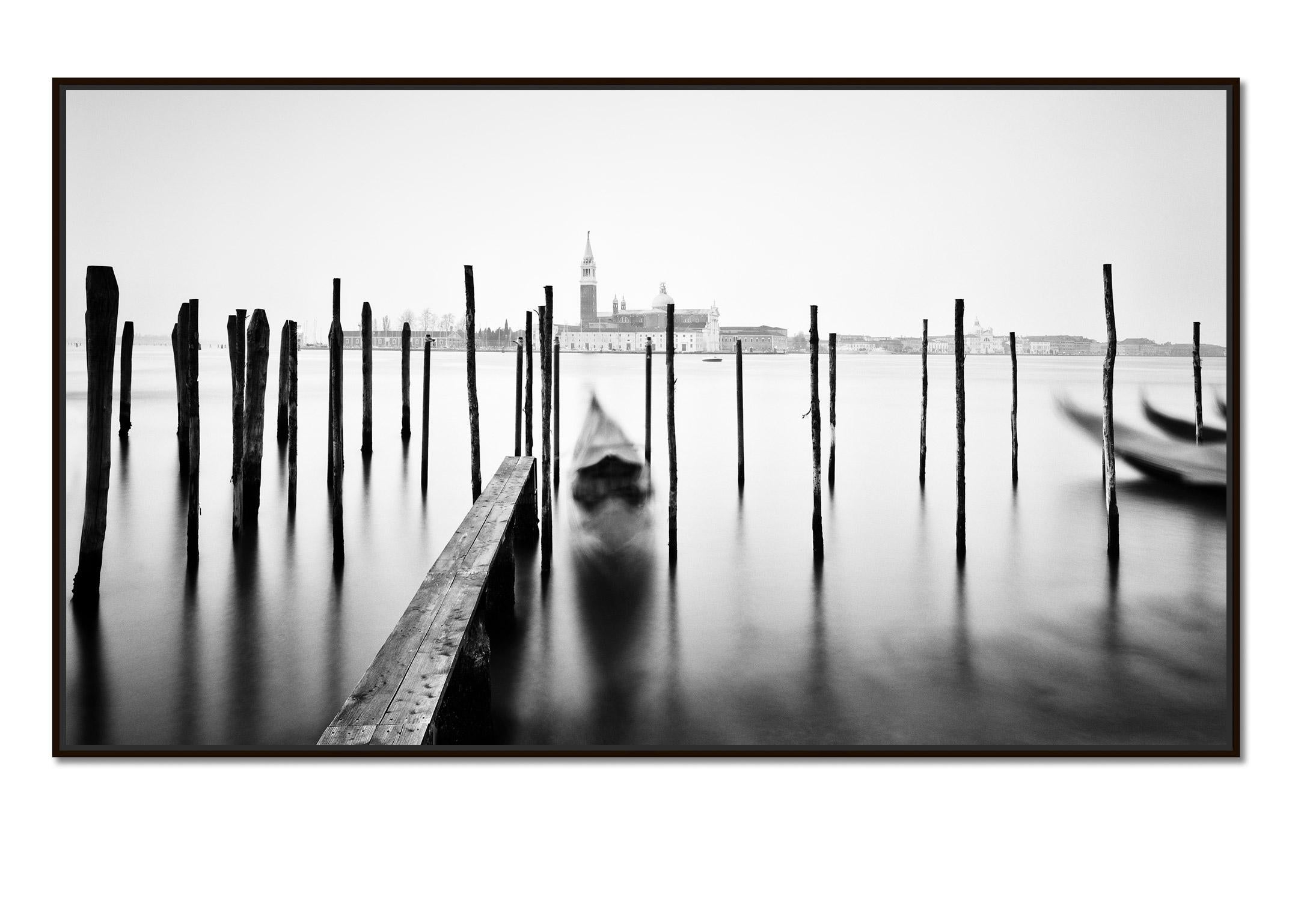 Basilica and Gondola, Venice, black and white long exposure fine art photography - Photograph by Gerald Berghammer