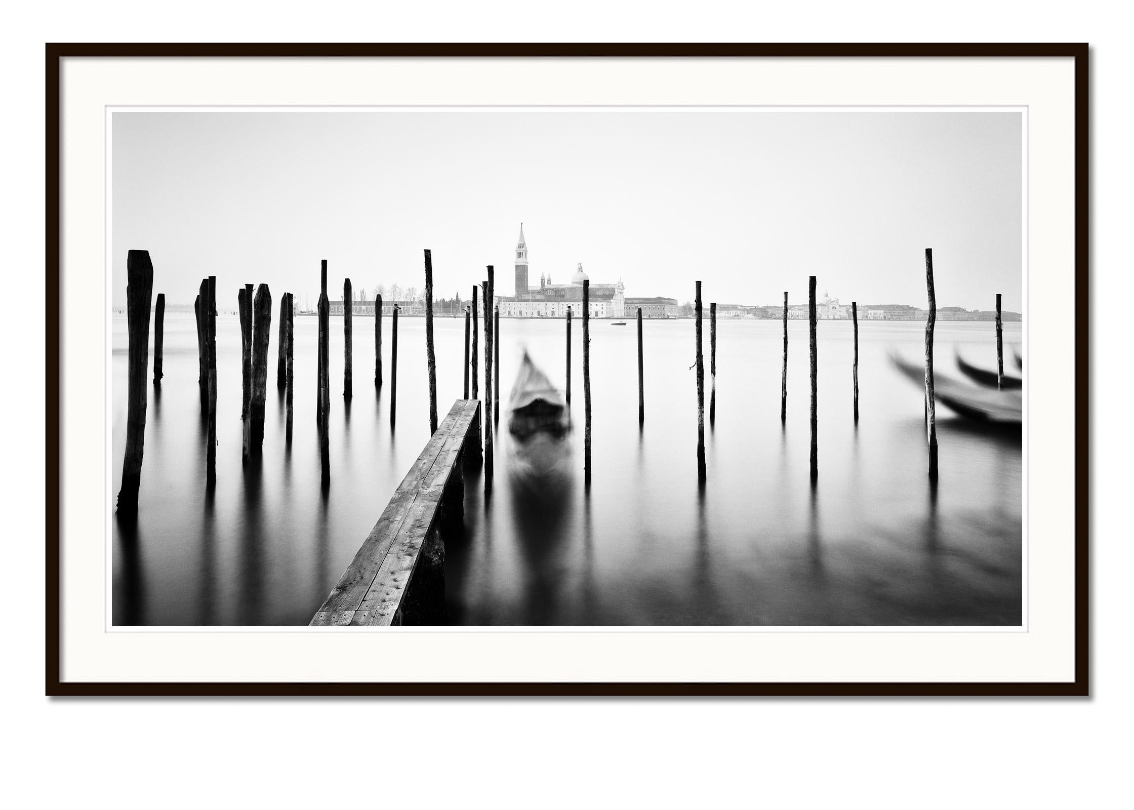 Basilica and Gondola, Venice, black and white long exposure fine art photography - Gray Black and White Photograph by Gerald Berghammer