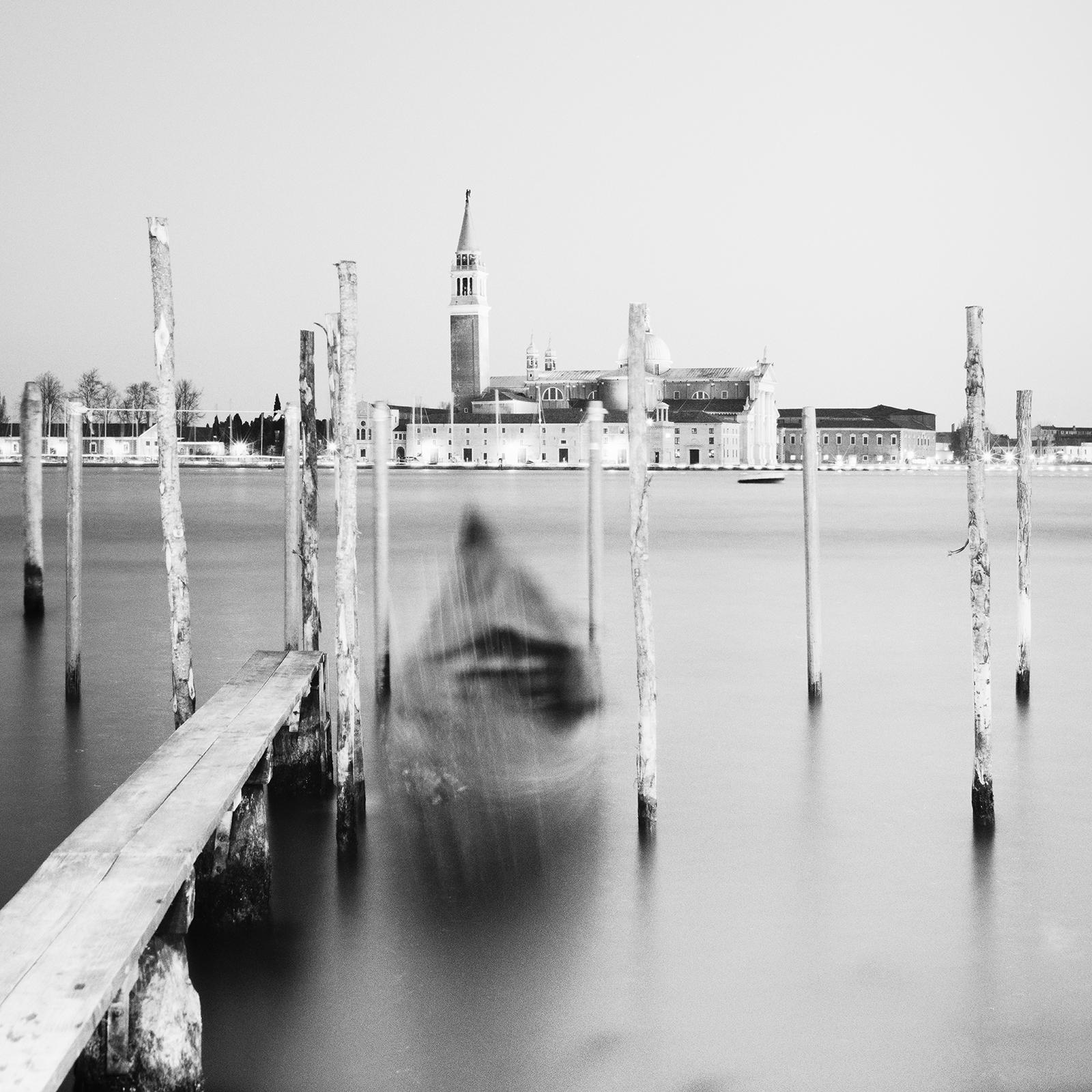Basilica at Night, Gondola, Venice, black and white cityscape photography print For Sale 3
