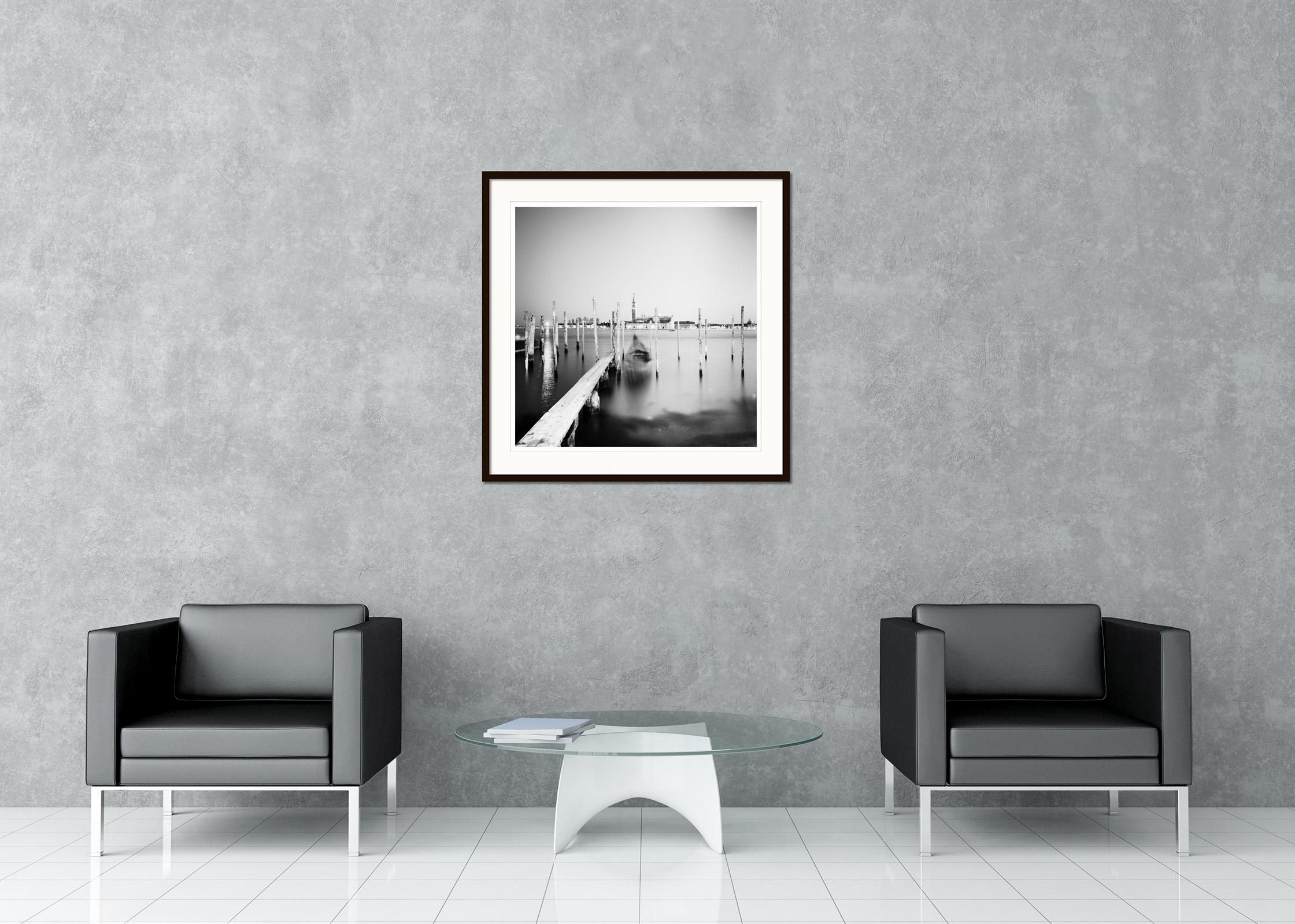 Black and white fine art long exposure waterscape - landscape photography print. Gondola in the night in front of Basilica, Venice, Italy. Archival pigment ink print, edition of 9. Signed, titled, dated and numbered by artist. Certificate of