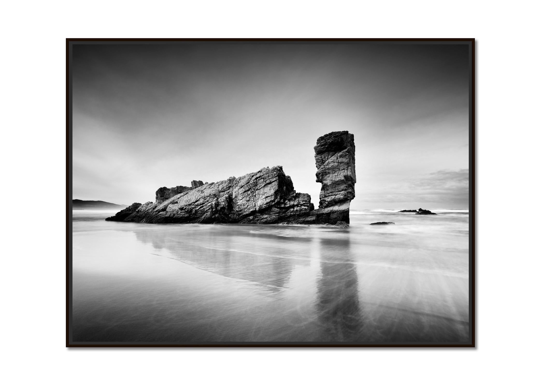Bay of Biscay, beach, great rock, shoreline, black and white, landscape photo - Photograph by Gerald Berghammer