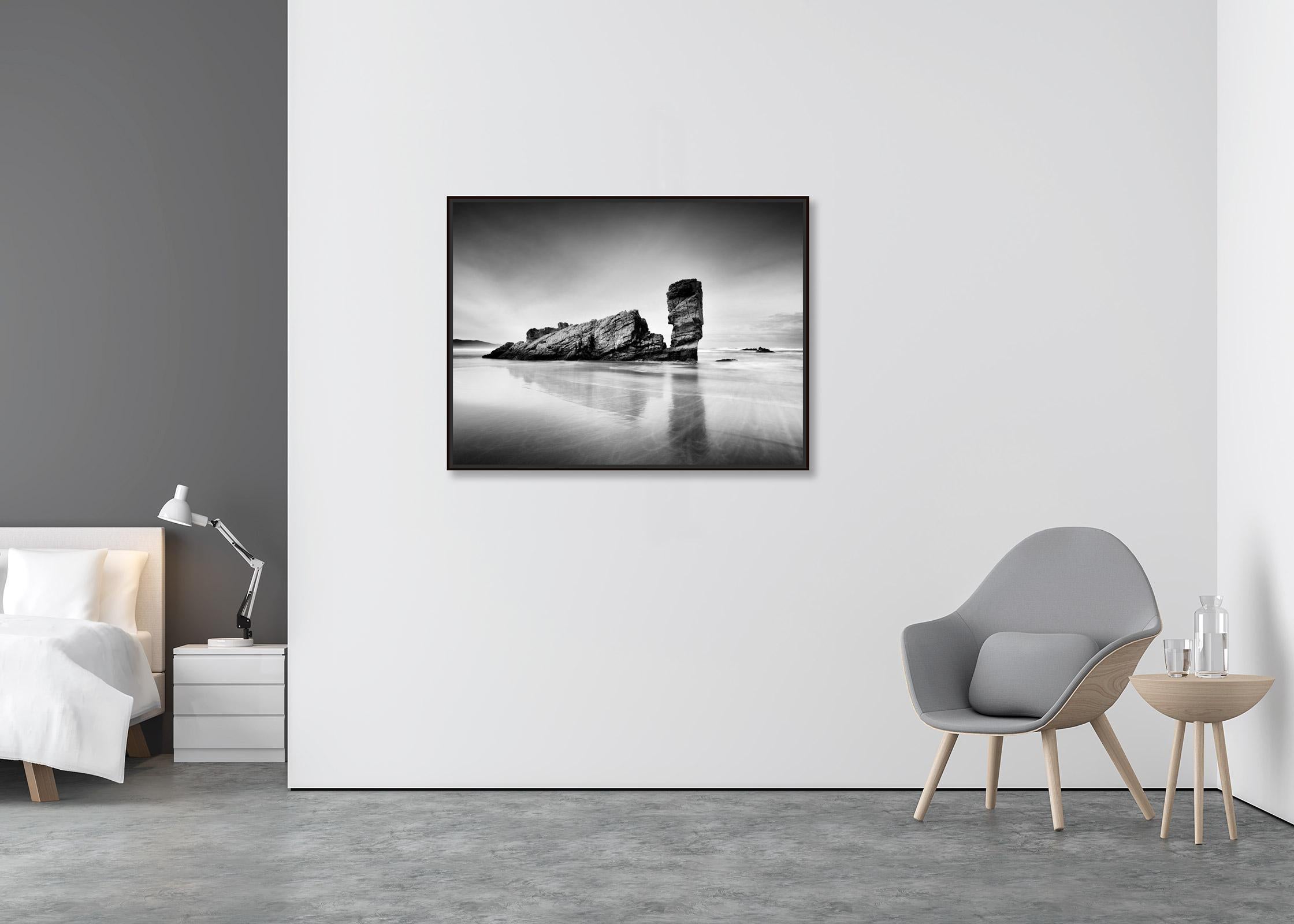 Bay of Biscay, beach, great rock, shoreline, black and white, landscape photo - Contemporary Photograph by Gerald Berghammer