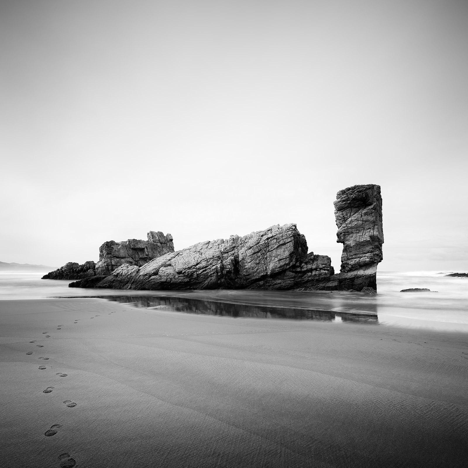 Gerald Berghammer Landscape Photograph - Bay of Biscay, giant rock, beach, Spain, black and white photography, landscape