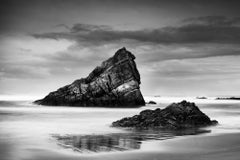 Bay of Biscay, shoreline, beach, Spain, black and white landscape photography