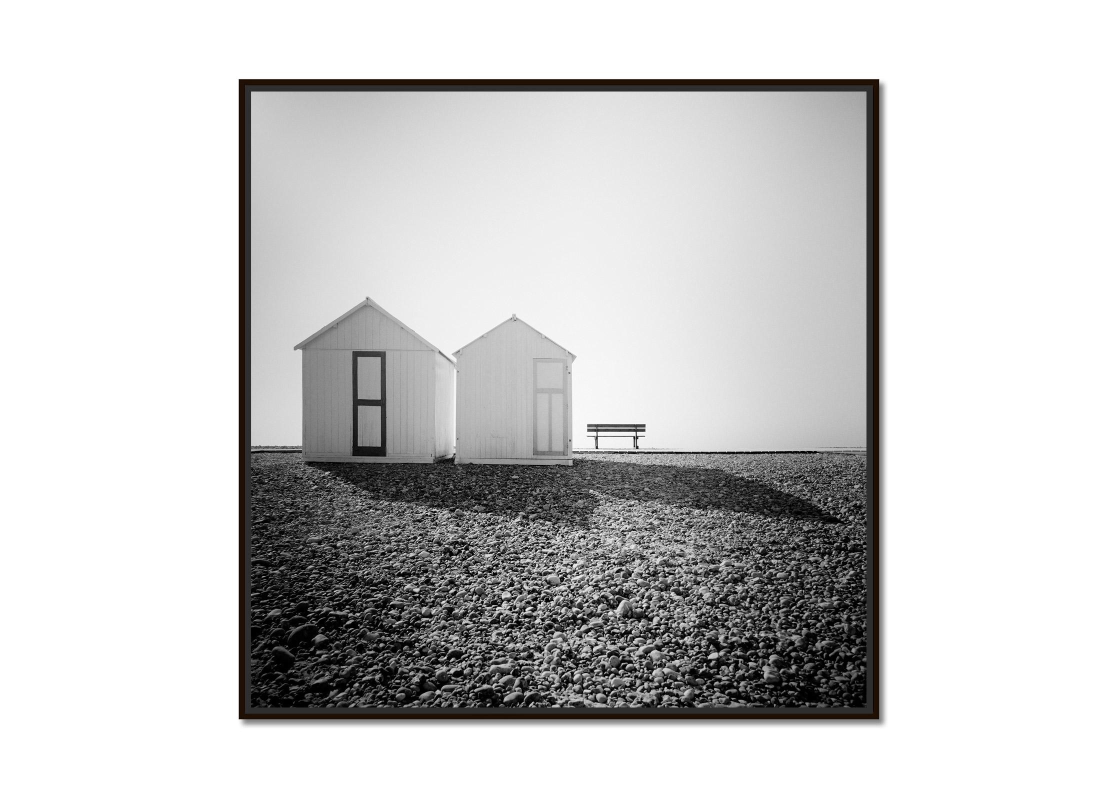 Beach Huts, silent Morning, minimalist black and white photography, landscape - Photograph by Gerald Berghammer