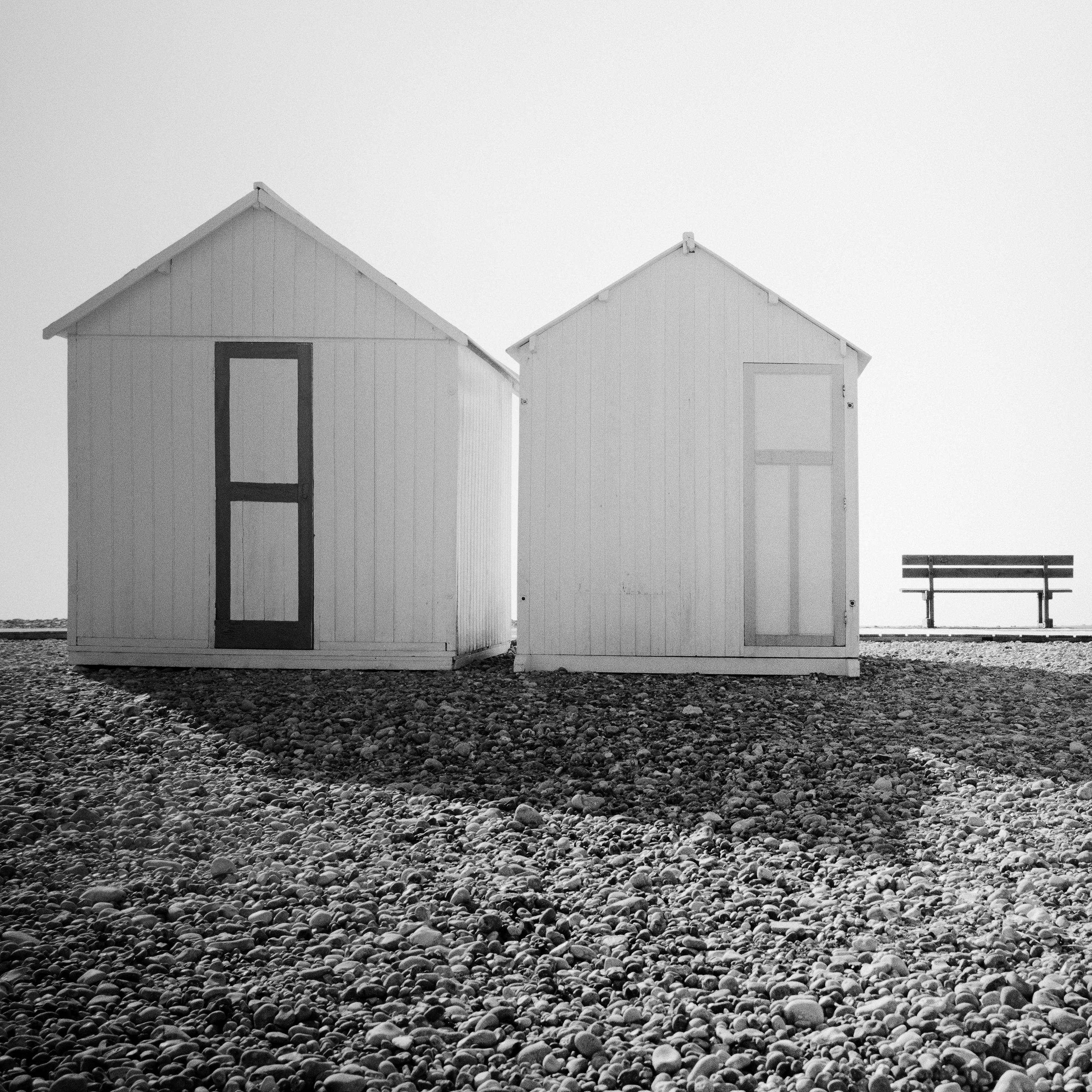 Beach Huts, silent Morning, minimalist black and white photography, landscape For Sale 3