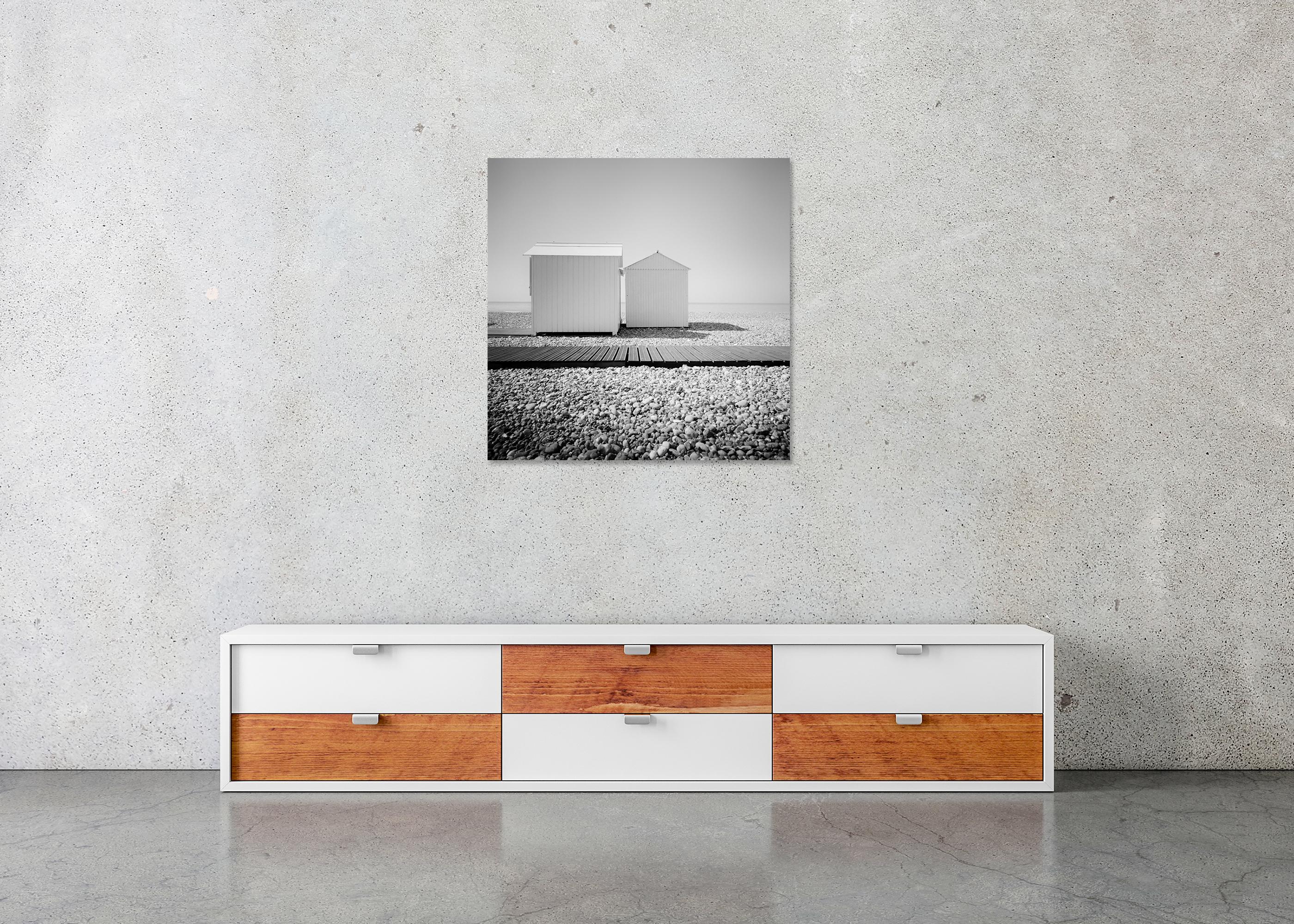 Beach Huts, France, minimalist monochrome fine art landscape photography For Sale 4