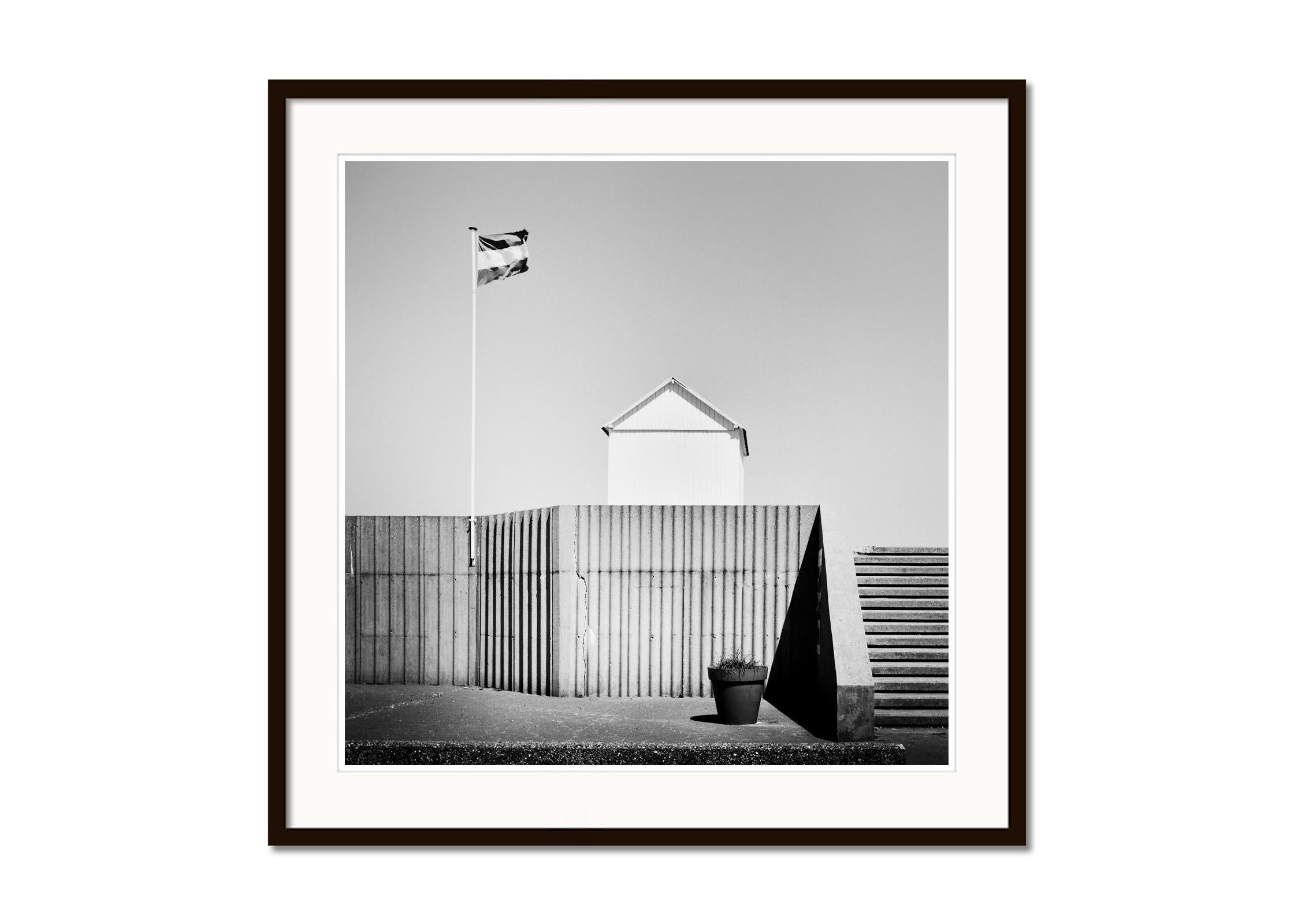 Beach Huts, Hauts-de-France, black and white photography, art print, landscape - Gray Black and White Photograph by Gerald Berghammer