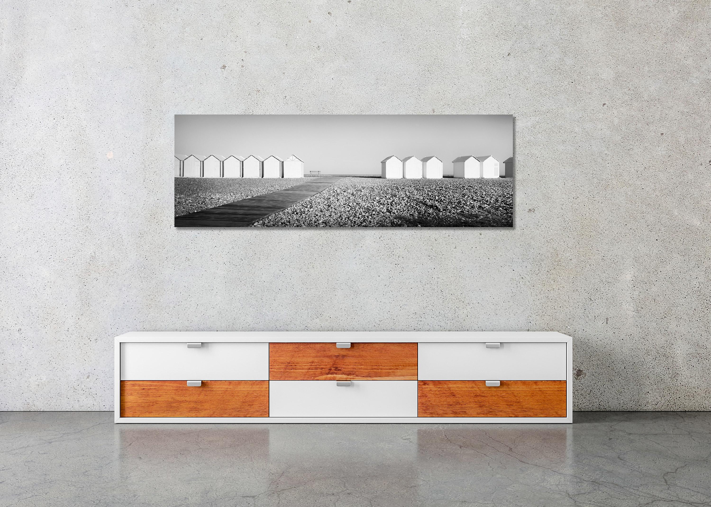 Beach Huts Panorama, bench, stones, France, black & white landscape photography For Sale 2