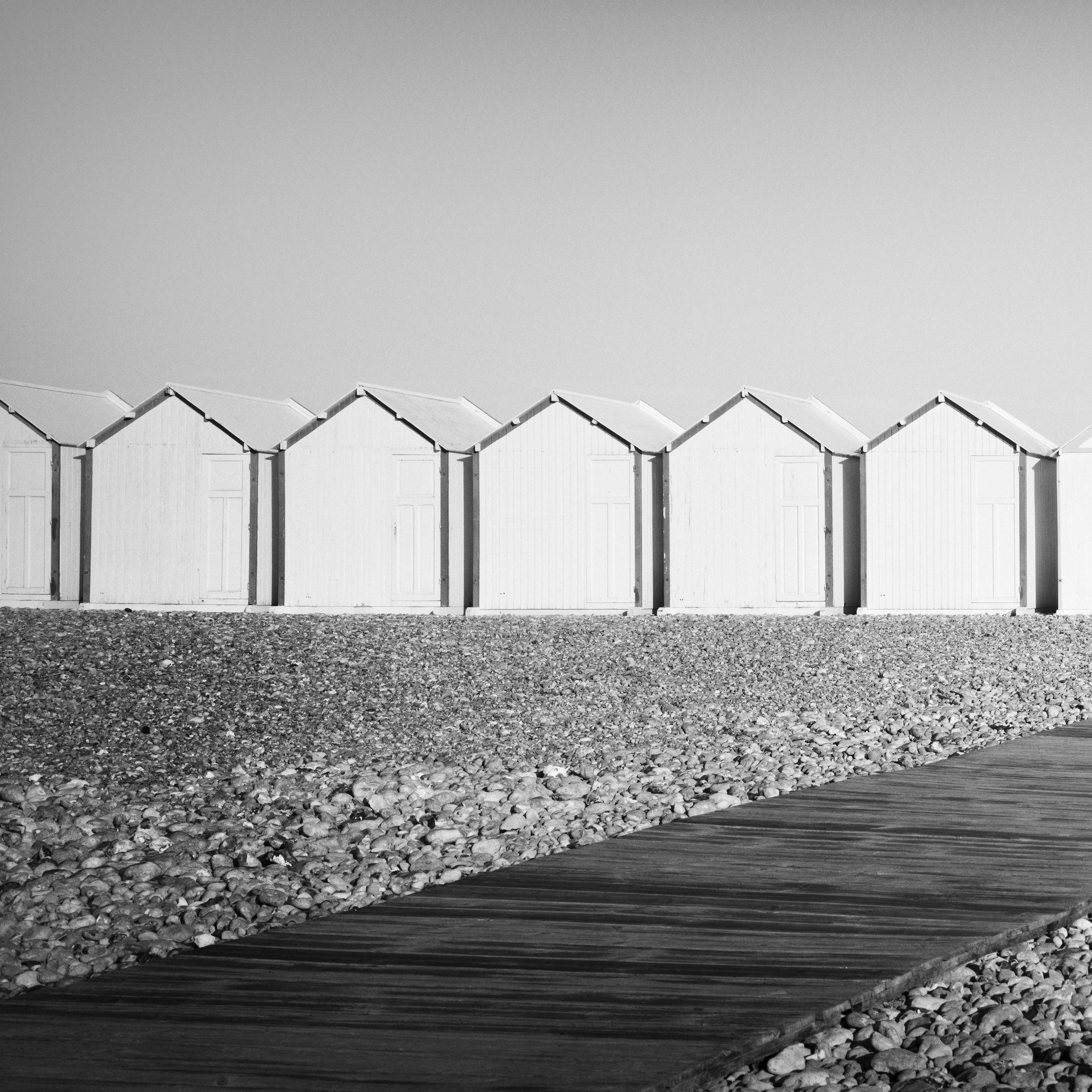 Beach Huts Panorama, bench, stones, France, black & white landscape photography For Sale 3