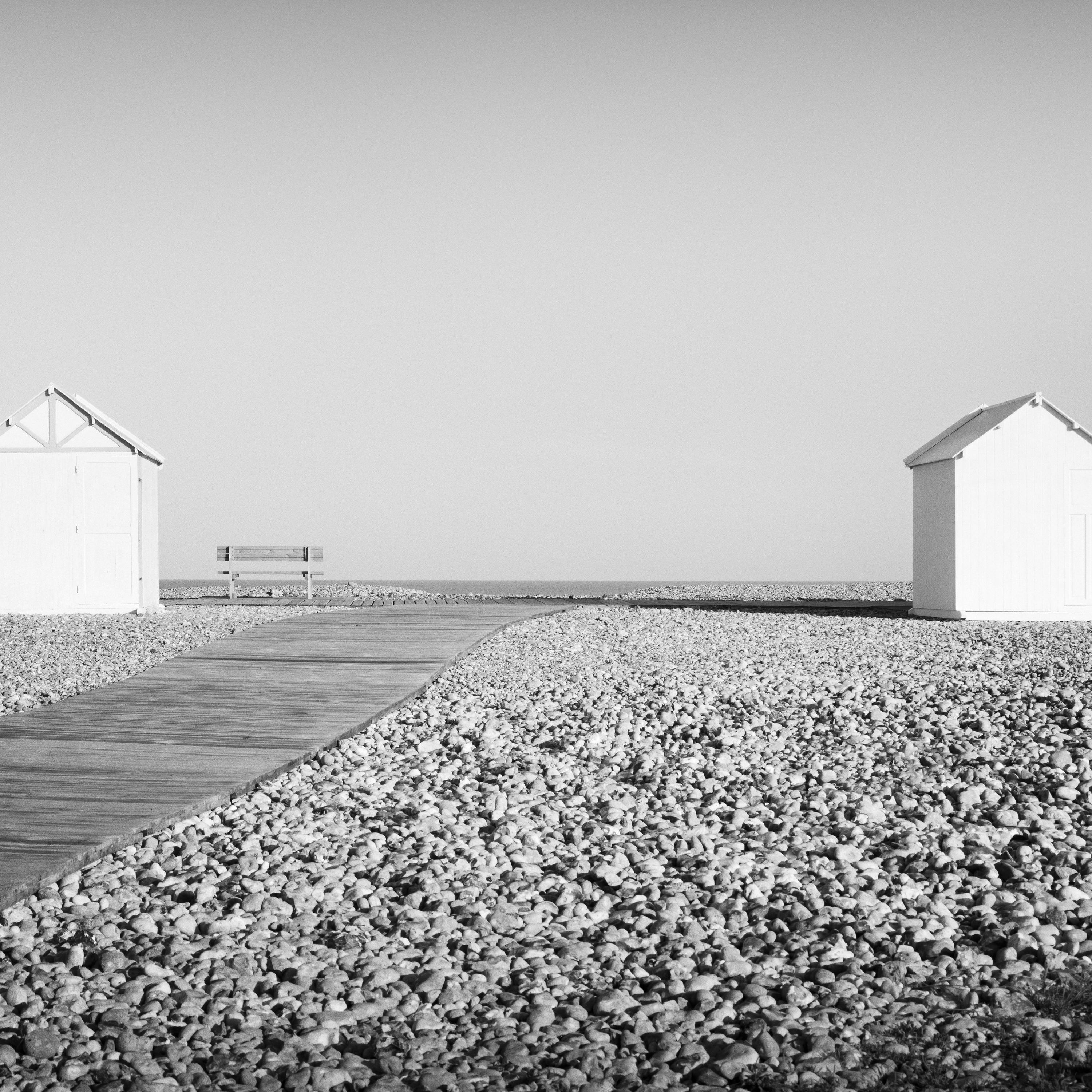 Beach Huts Panorama, bench, stones, France, black & white landscape photography For Sale 4