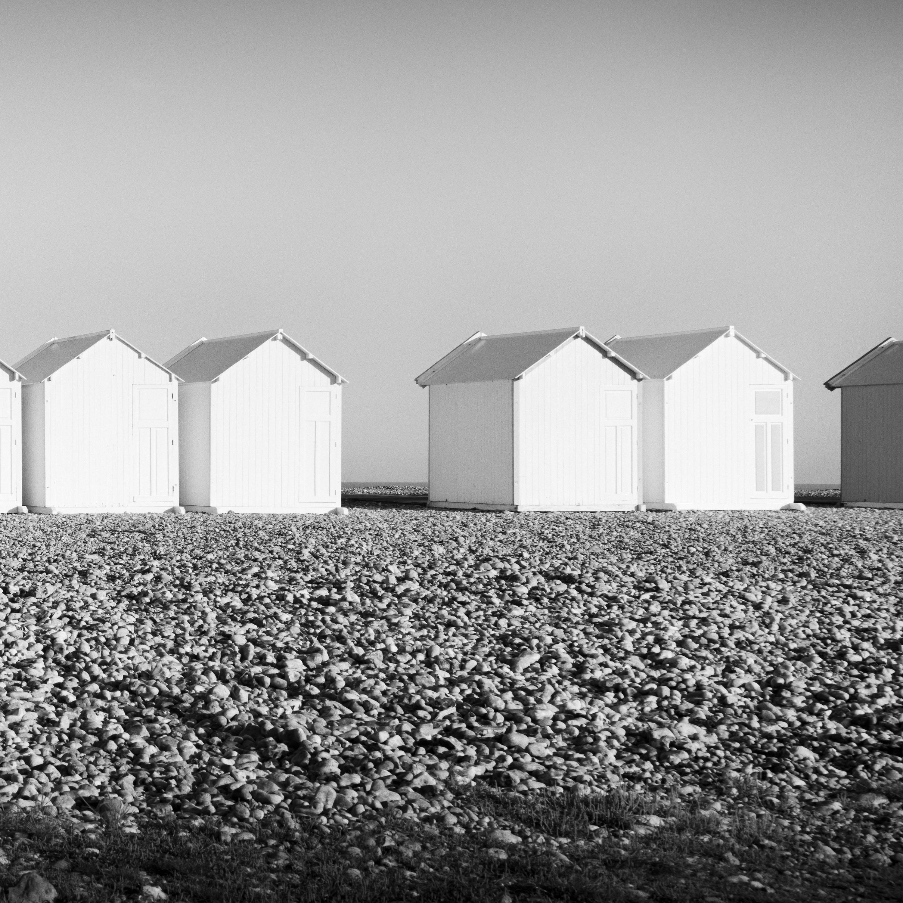 Beach Huts Panorama, bench, stones, France, black & white landscape photography For Sale 5