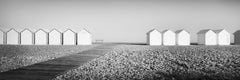 Beach Huts Panorama, bench, stones, France, black & white landscape photography