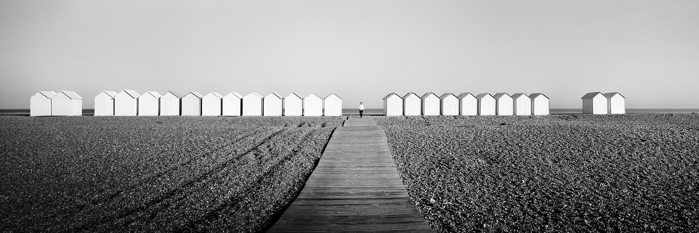 Gerald Berghammer Black and White Photograph - Beach Huts Panorama, France, black and white photography, landscape, fine art