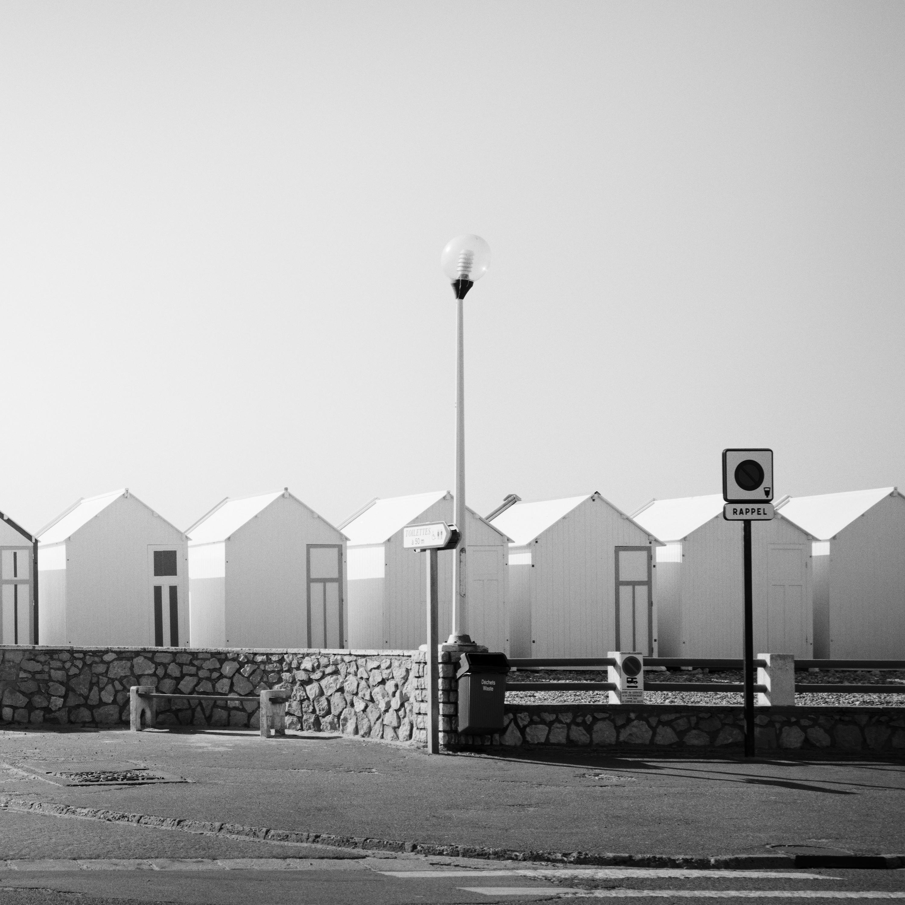 Beach Huts Panorama Cayeux-sur-Mer France black white landscape art photography For Sale 5