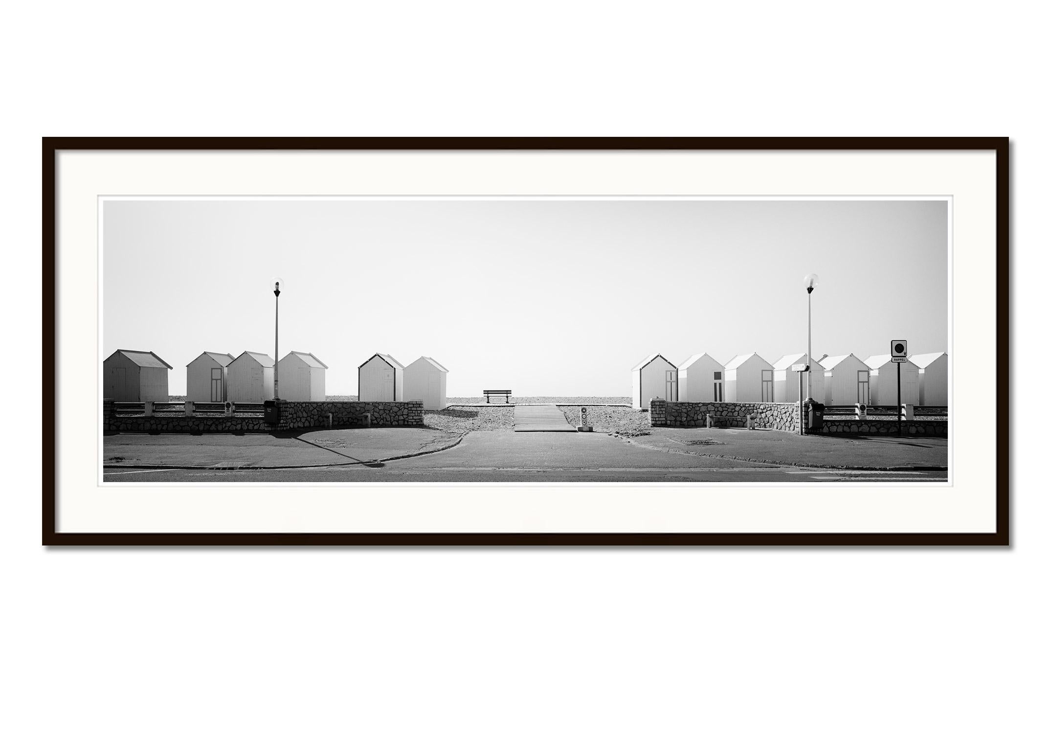 Beach Huts Panorama Cayeux-sur-Mer France black white landscape art photography - Gray Landscape Photograph by Gerald Berghammer