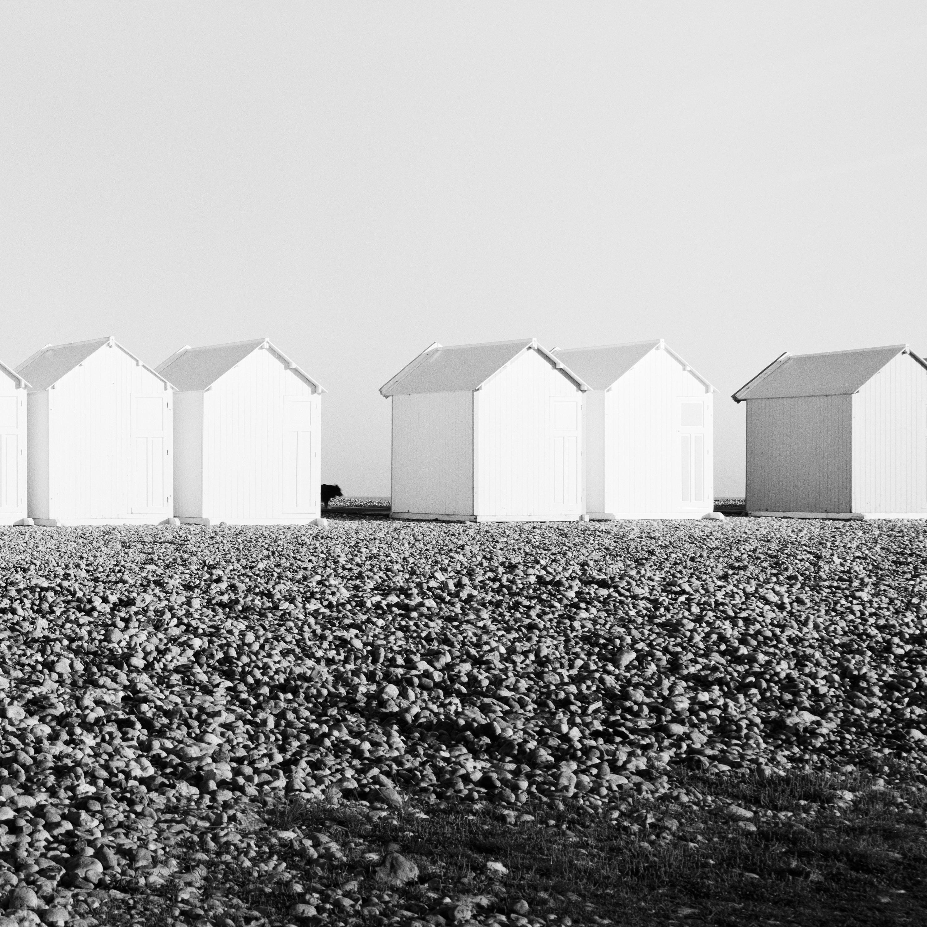 Beach Huts Panorama, rocky beach, black and white fine art photography print For Sale 5
