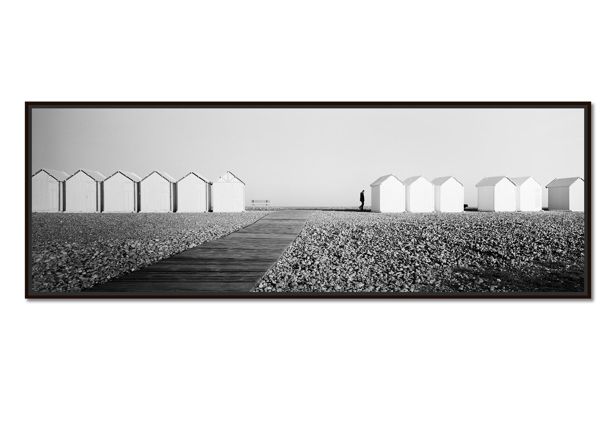 Beach Huts Panorama, rocky beach, black and white fine art photography print - Photograph by Gerald Berghammer