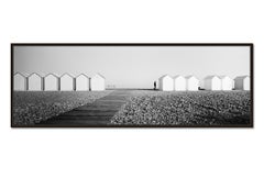 Beach Huts Panorama, rocky beach, black and white photograph, limited edition