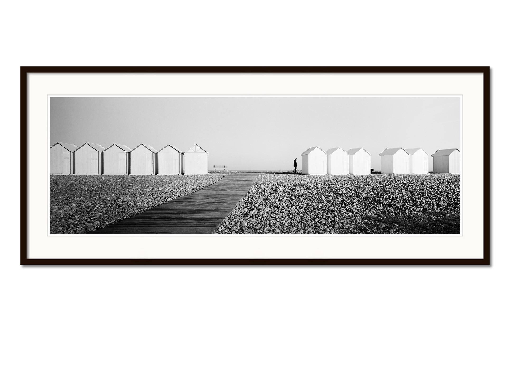 Beach Huts Panorama, rocky beach, black and white fine art photography print - Gray Black and White Photograph by Gerald Berghammer