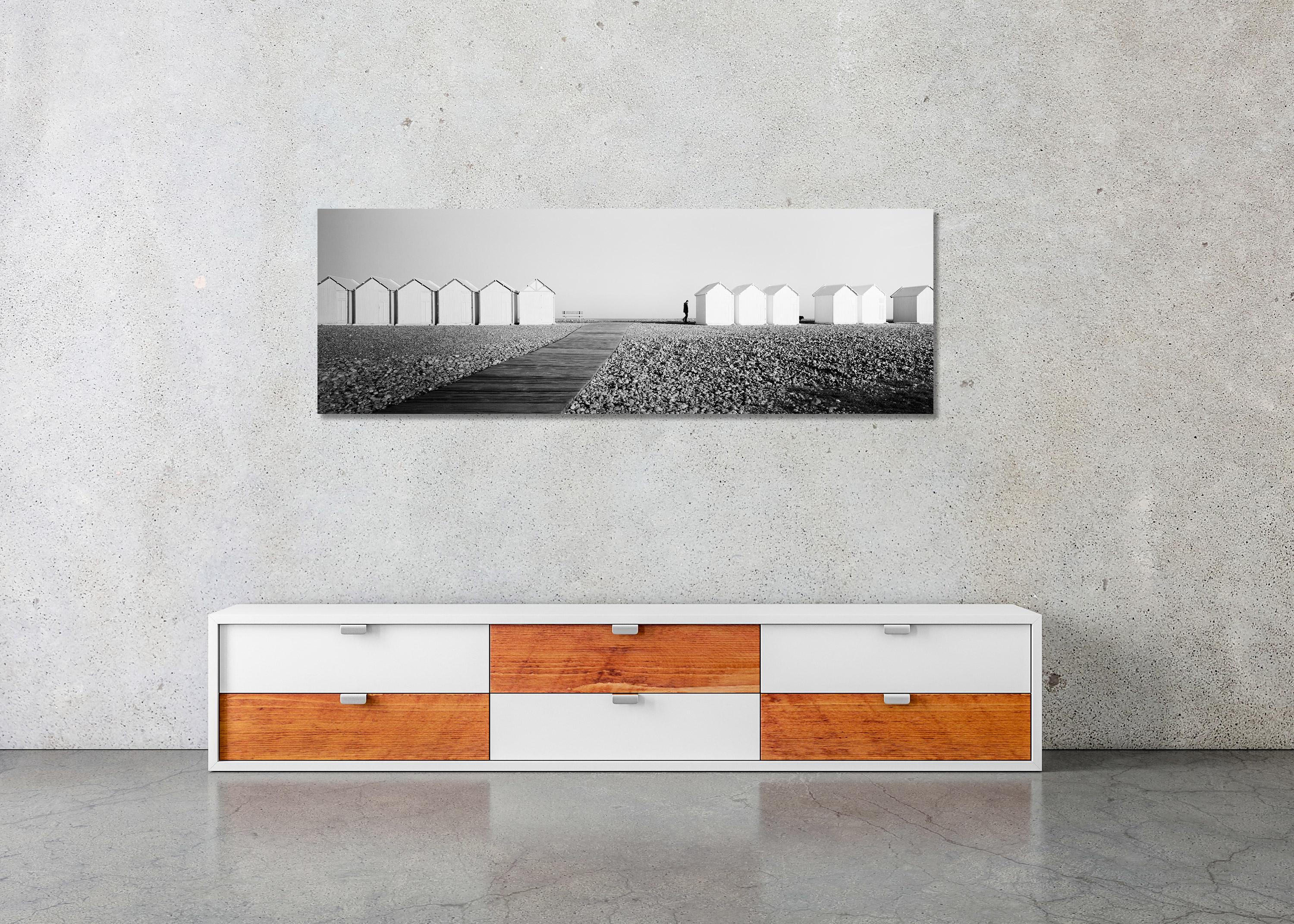 Beach Huts Panorama, rocky beach, black and white fine art photography print For Sale 1
