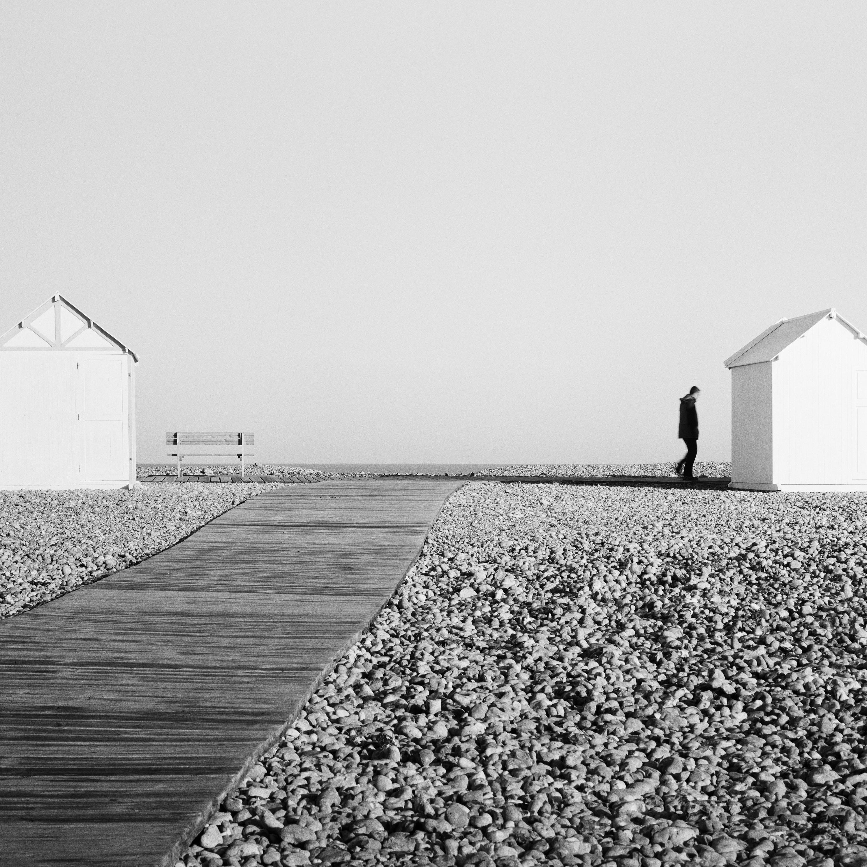 Beach Huts Panorama, rocky beach, black and white fine art photography print For Sale 4