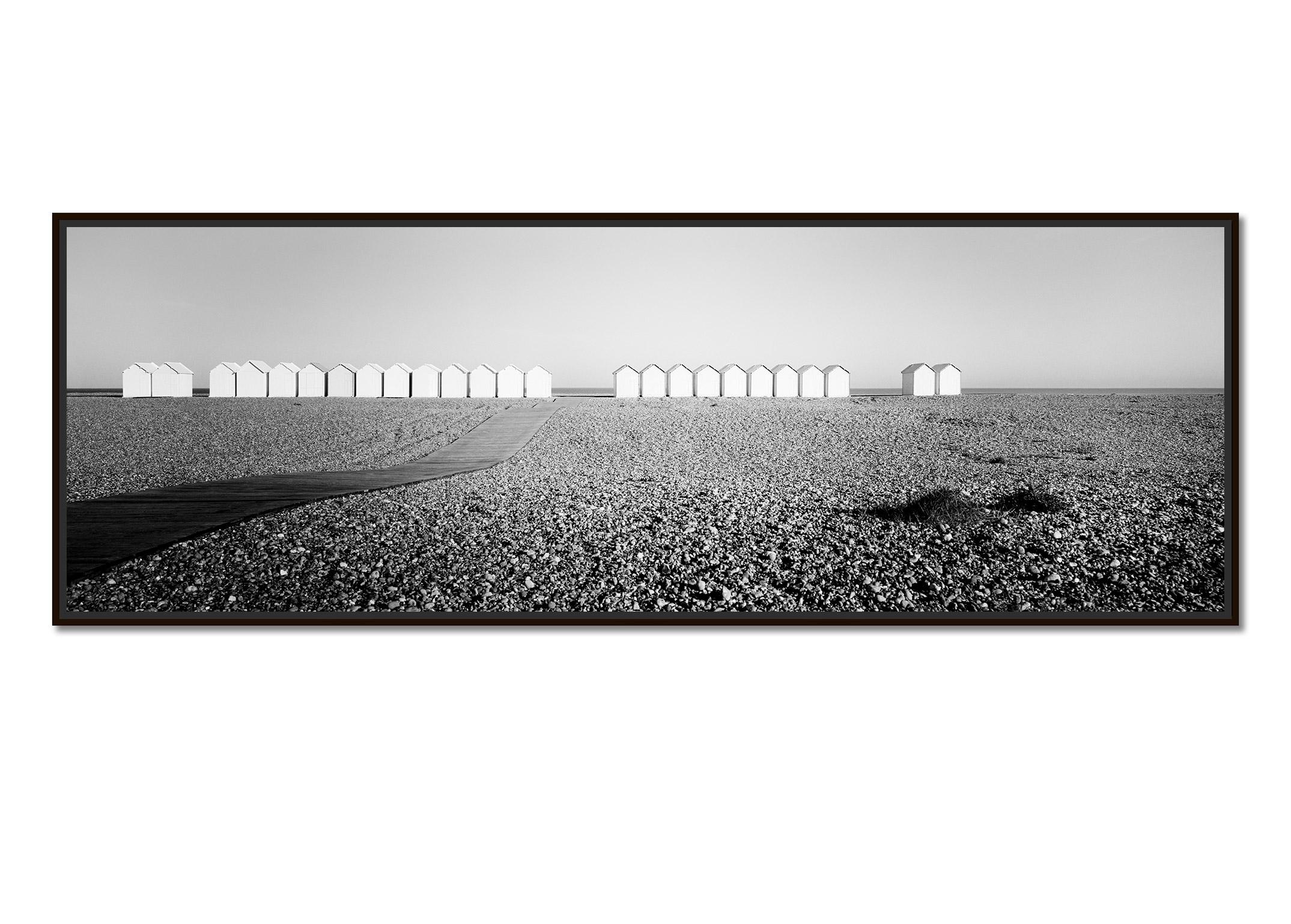 Beach Huts Panorama stone beach black & white fine art landscape panorama photo - Photograph by Gerald Berghammer
