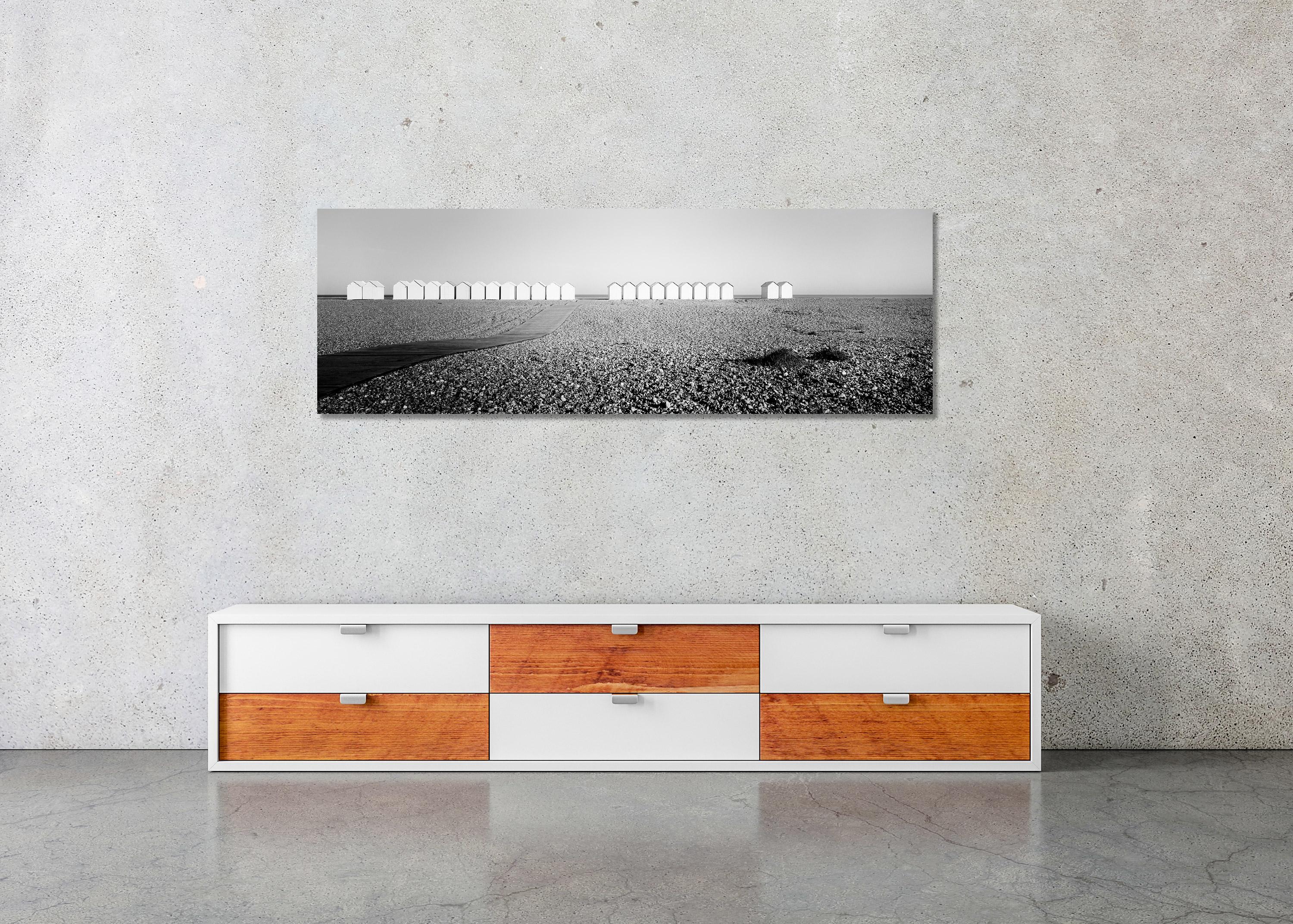Beach Huts Panorama stone beach black & white fine art landscape panorama photo For Sale 1
