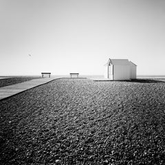 Beach Huts, Rocky Beach, Bench, France, Black and White landscape photo artprint