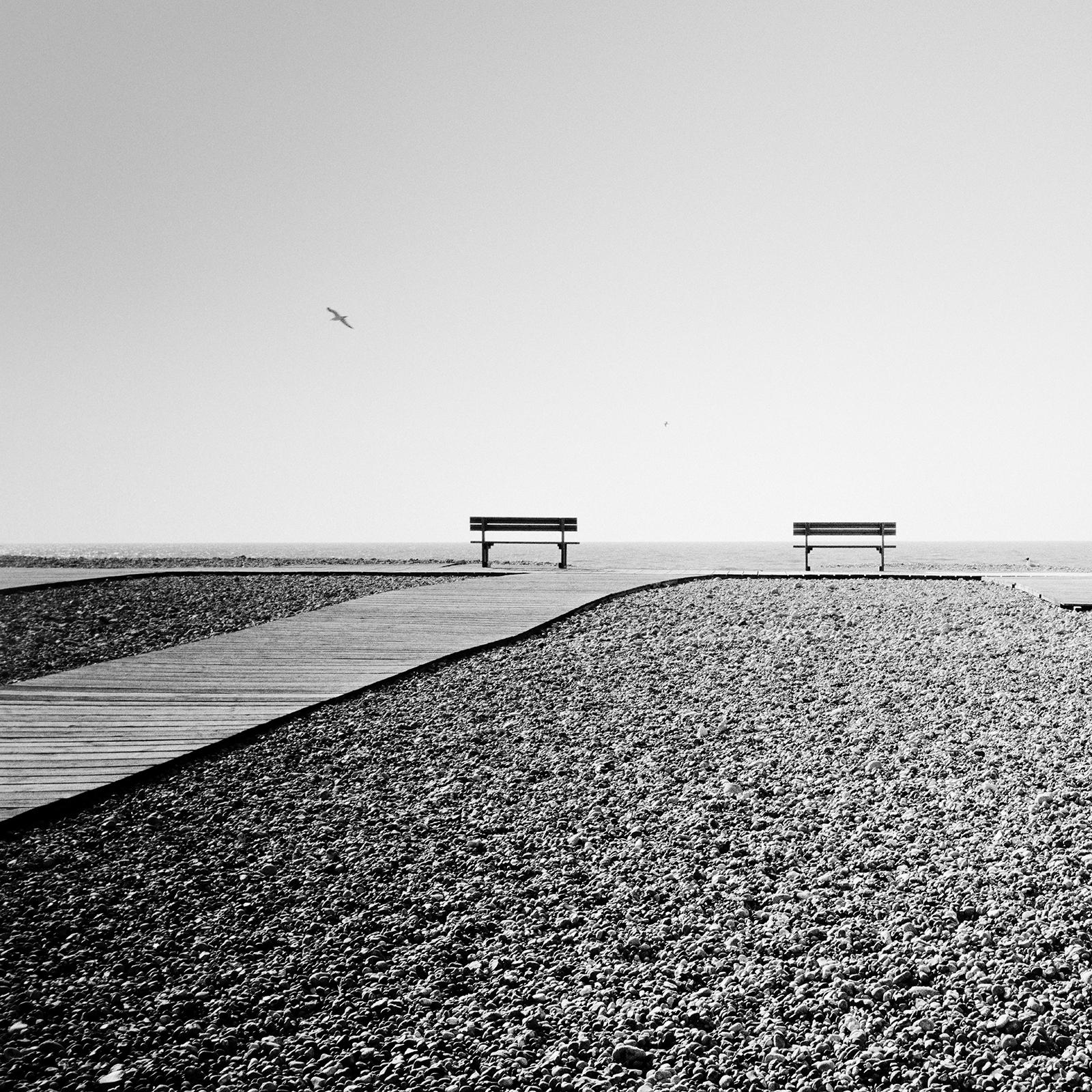 Beach Huts, Rocky Beach, Bench, France, black and white photography, landscape For Sale 5