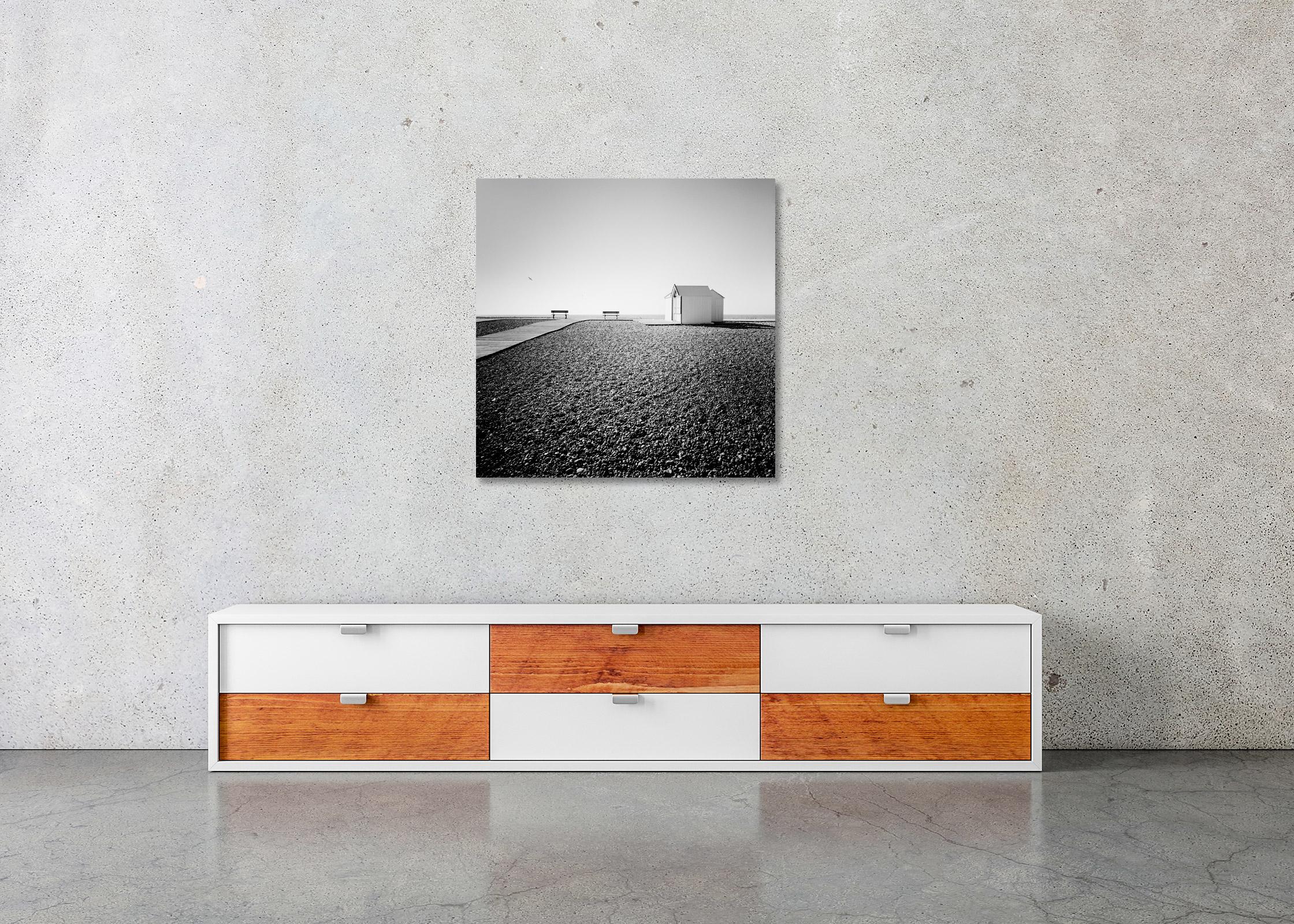 Beach Huts, Rocky Beach, Bench, France, black and white photography, landscape For Sale 1