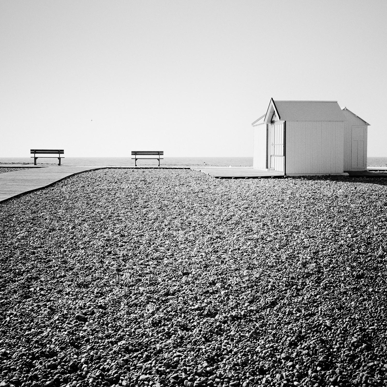 Beach Huts, Rocky Beach, Bench, France, black and white photography, landscape For Sale 3
