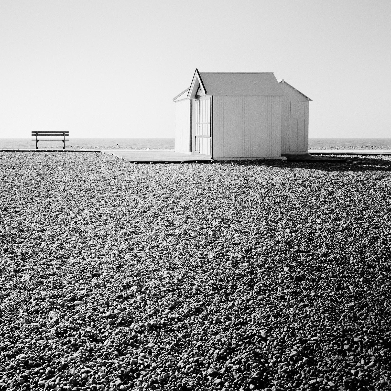 Beach Huts, Rocky Beach, Bench, France, black and white photography, landscape For Sale 4