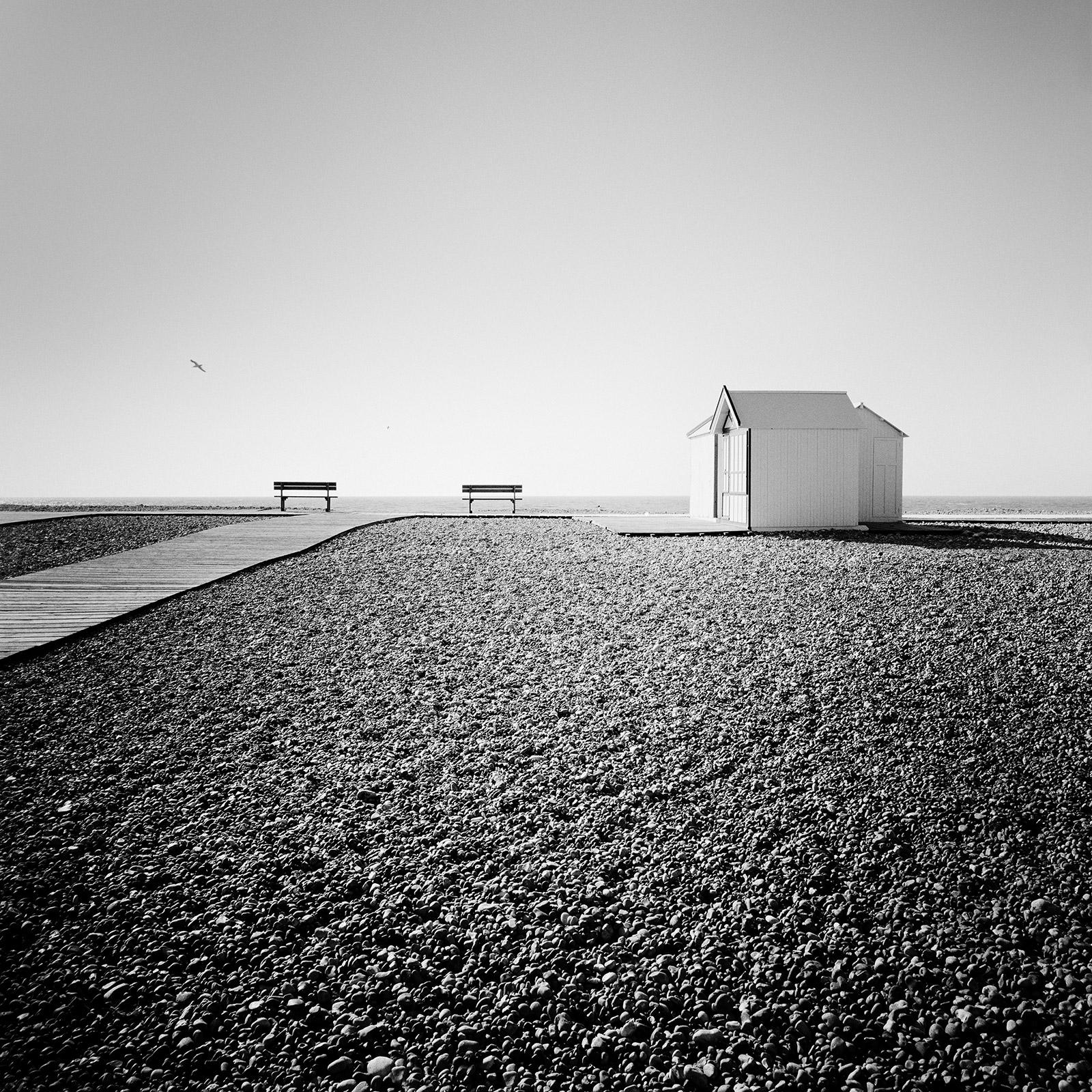 Beach Huts, Rocky Beach, Bench, France, black and white photography, landscape