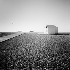 Beach Huts, Rocky Beach, Bench, France, black and white photography, landscape