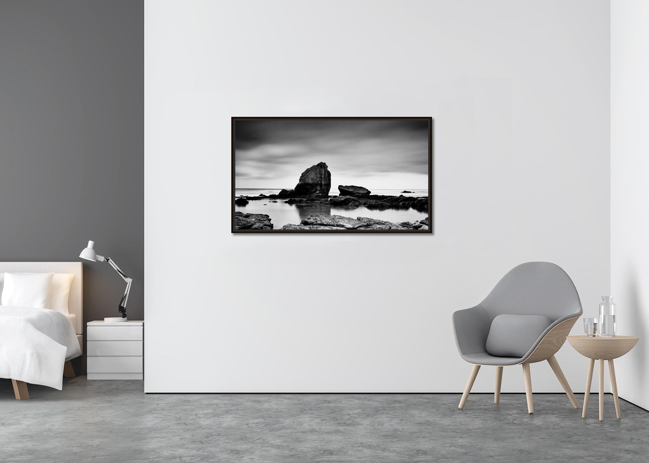 Beach Rock Panorama, Shoreline, France, black and white landscape photography - Contemporary Photograph by Gerald Berghammer