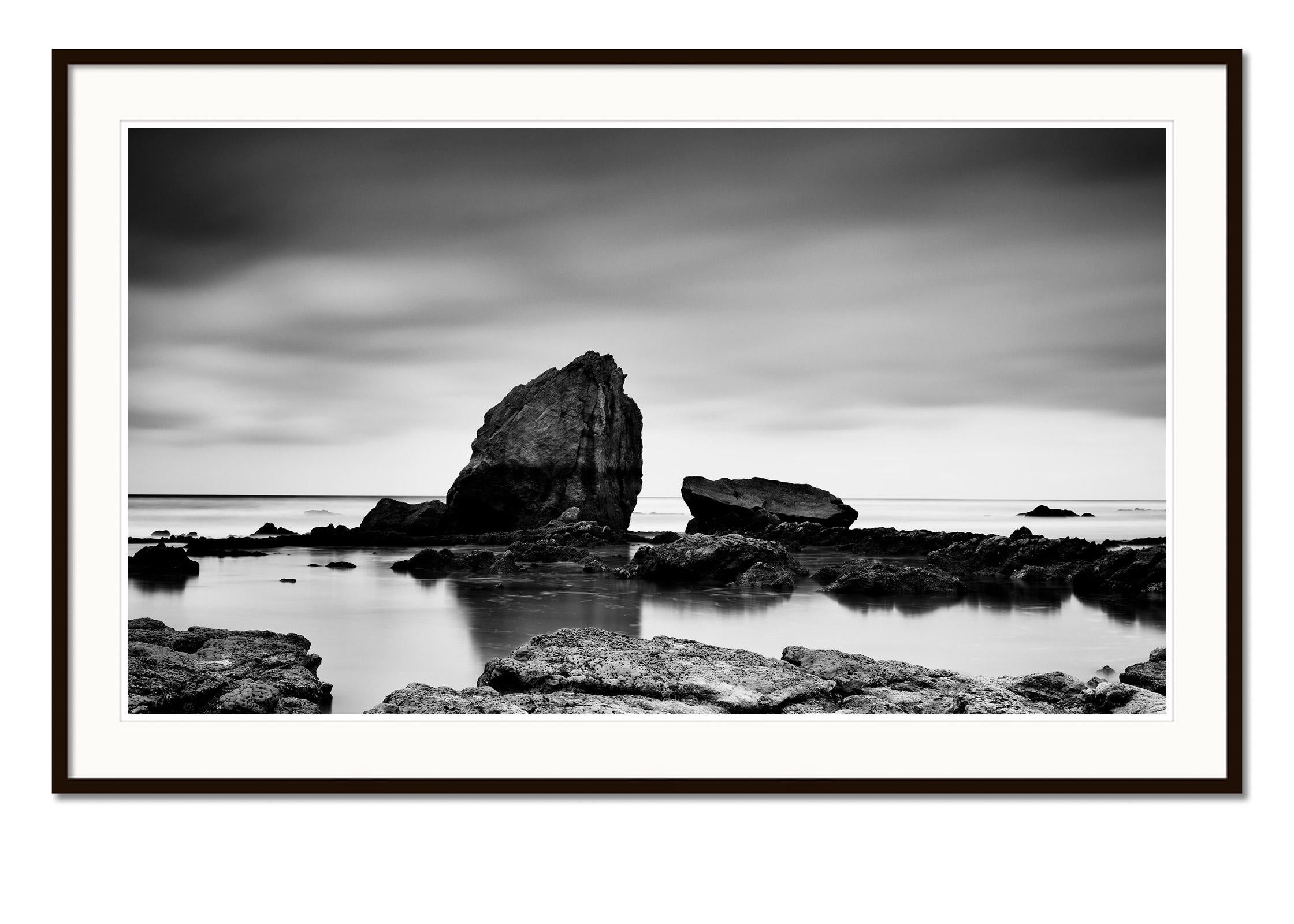 Beach Rock Panorama, Shoreline, France, black and white landscape photography - Gray Black and White Photograph by Gerald Berghammer