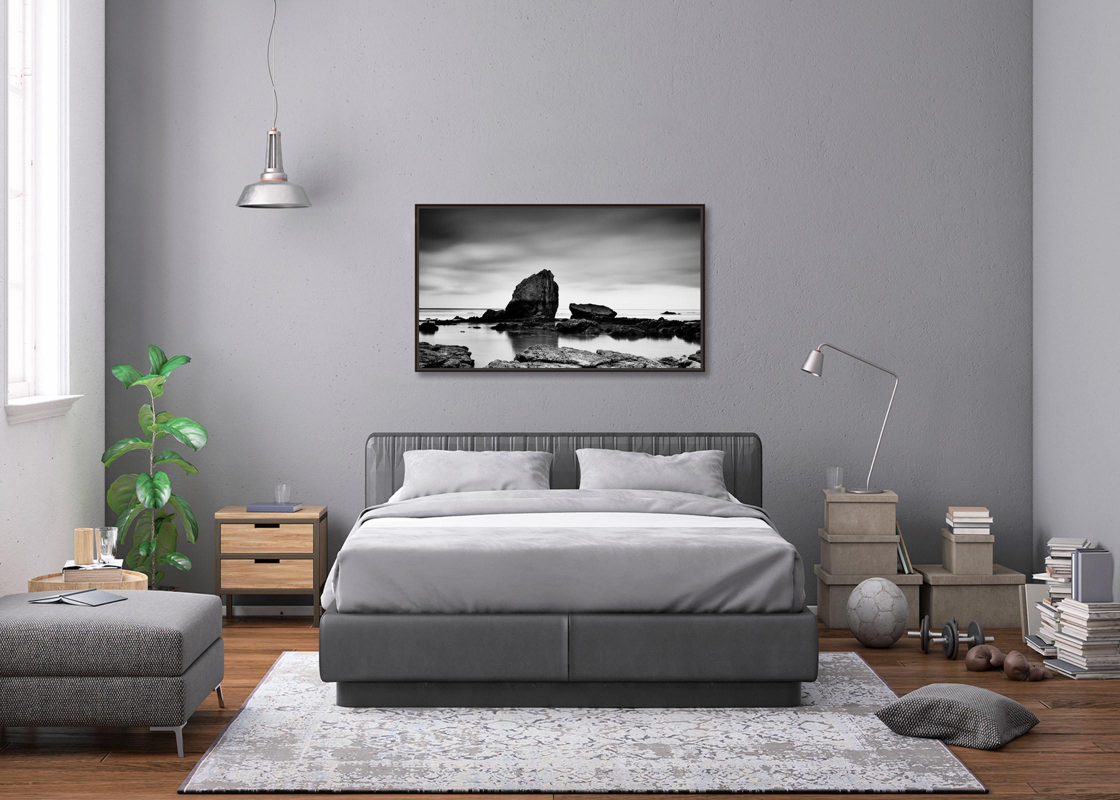 Beach Rock Panorama, Shoreline, France, black and white landscape photography For Sale 1