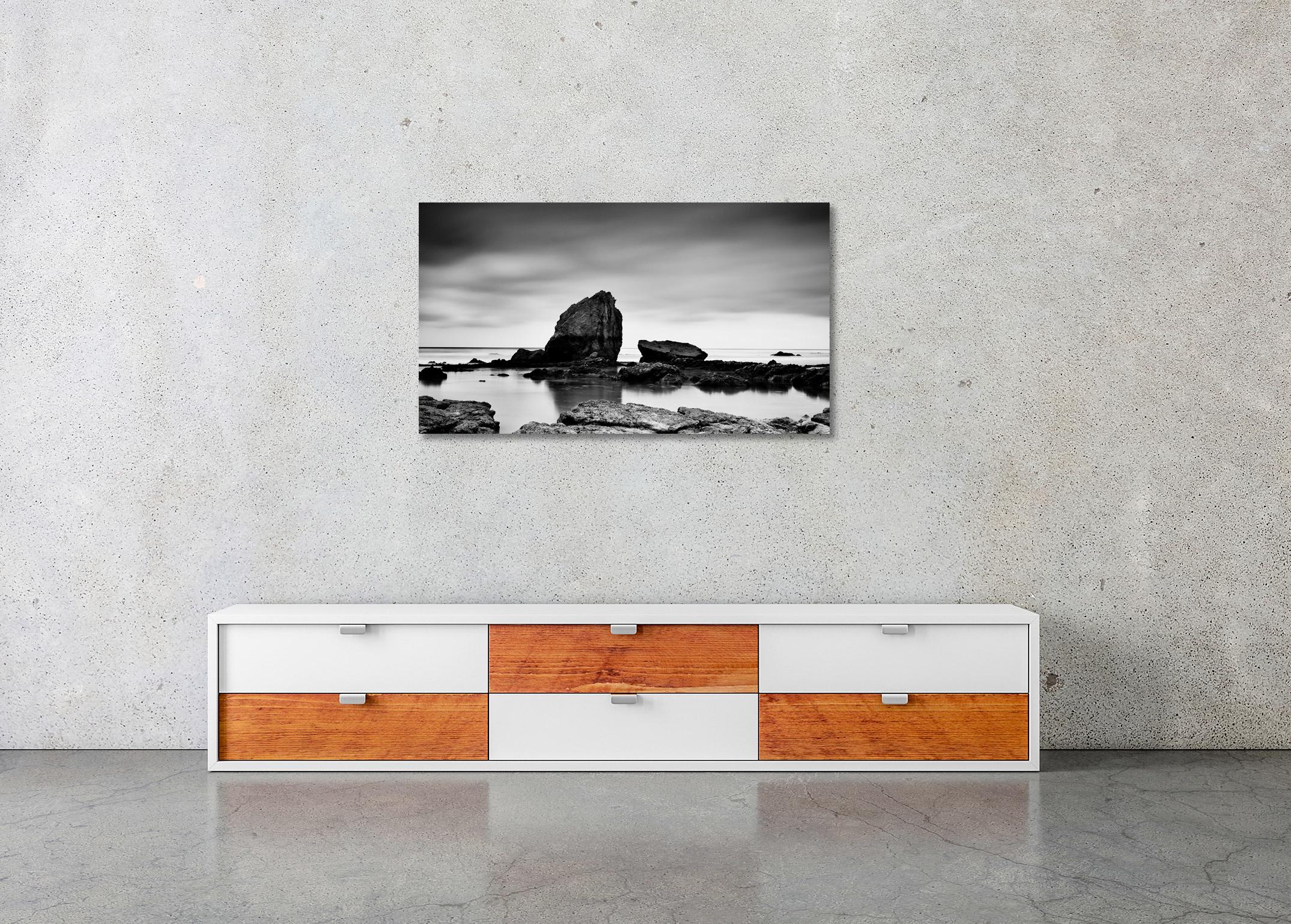 Beach Rock Panorama, Shoreline, France, black and white landscape photography For Sale 2