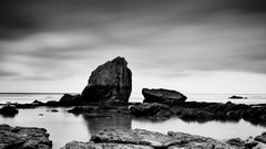 Beach Rock Panorama, Shoreline, France, black and white landscape photograph