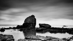 Beach Rock Panorama, Shoreline, France, black and white landscape photograph