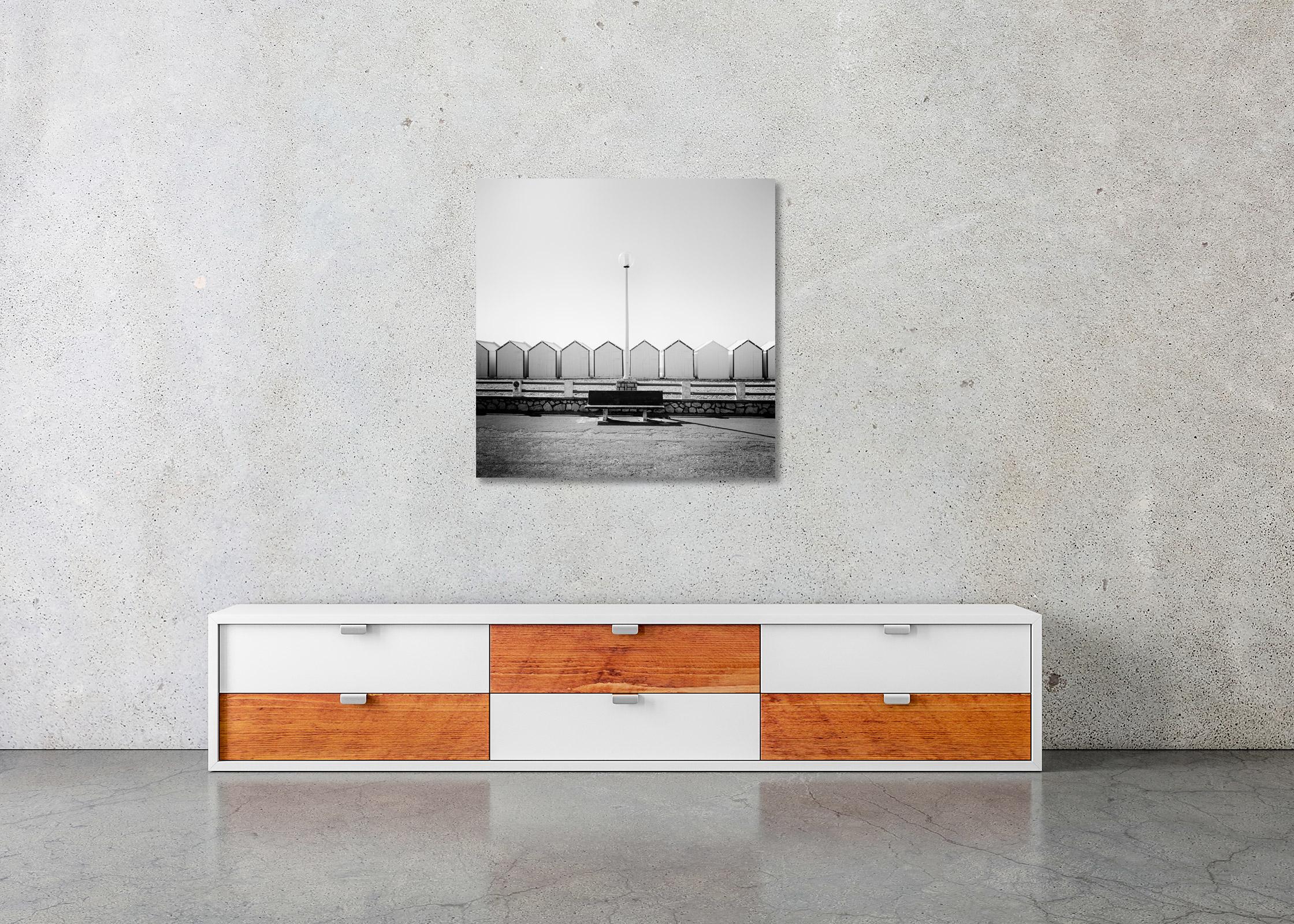 Bench on the Promenade beach huts France black white landscape art photography For Sale 1