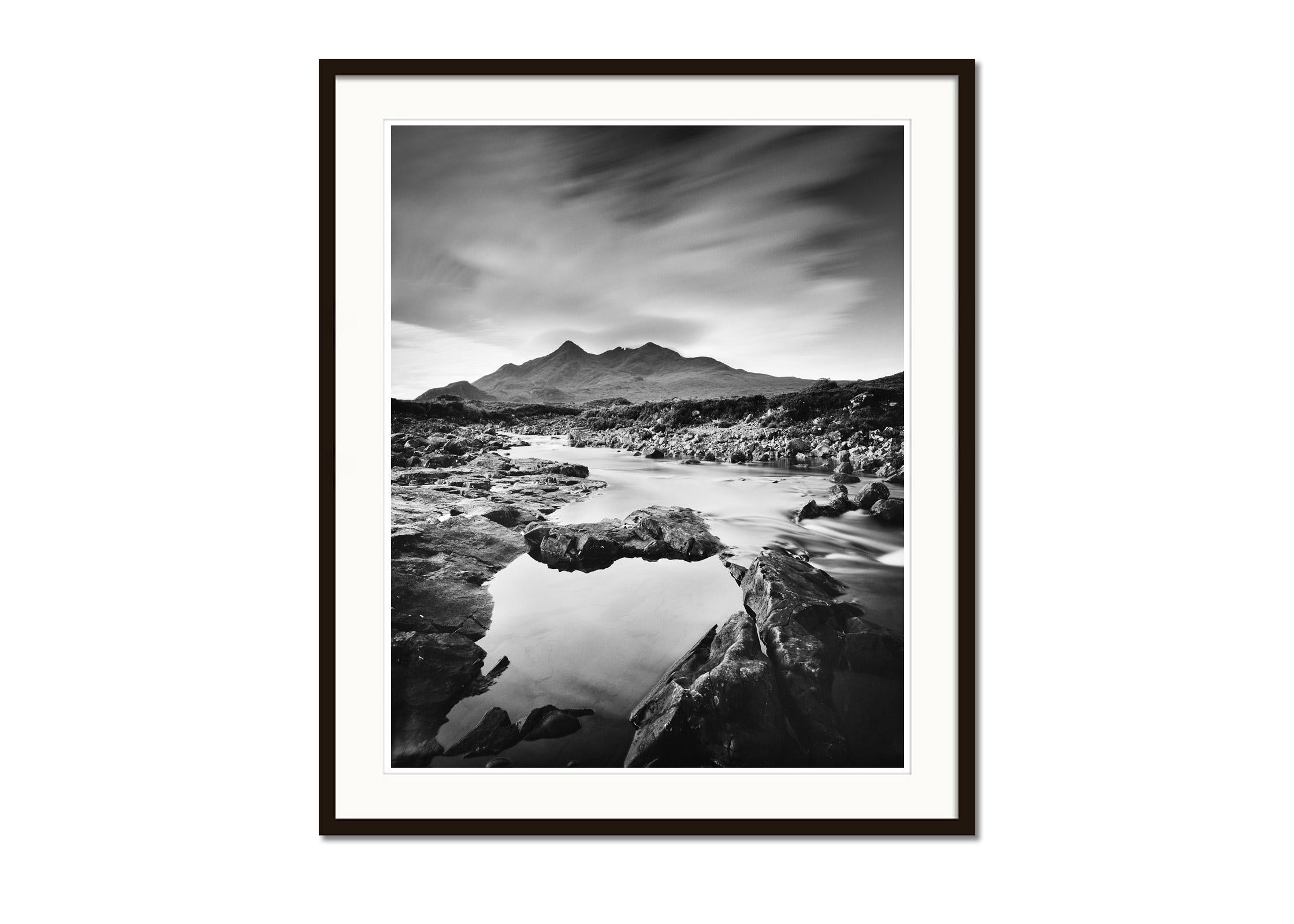Black and White Fine Art long Exposure Landscape Photography. River with beautiful mountains in the highlands of Scotland. Archival pigment ink print, edition of 5. Signed, titled, dated and numbered by artist. Certificate of authenticity included.