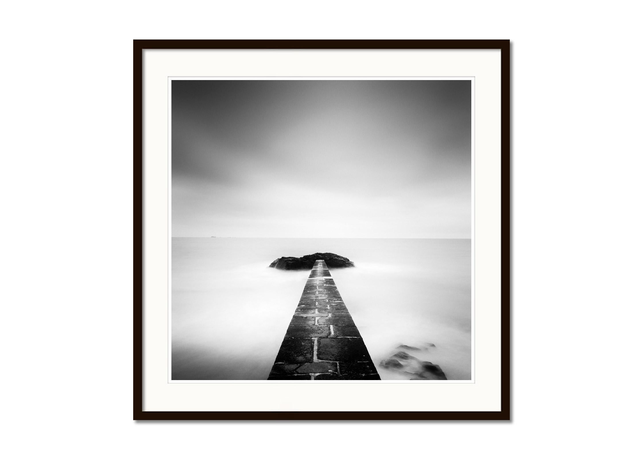 Black End, Pier, Ozean, Normandie, France, black and white waterscape art print - Gray Black and White Photograph by Gerald Berghammer