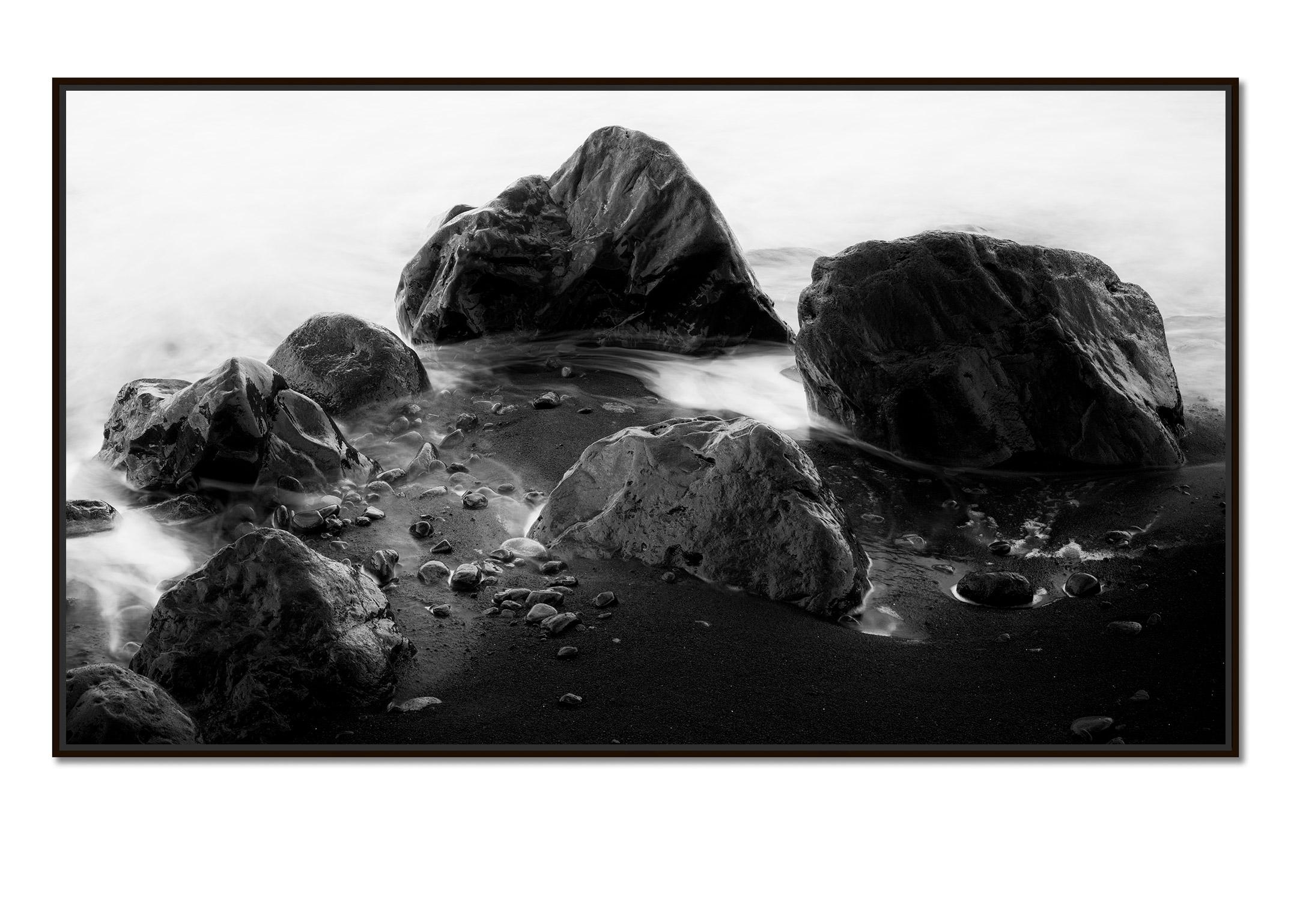 Black Stone Beach, giant Rocks, surf, Madeira, Portugal, black and white photo - Photograph by Gerald Berghammer